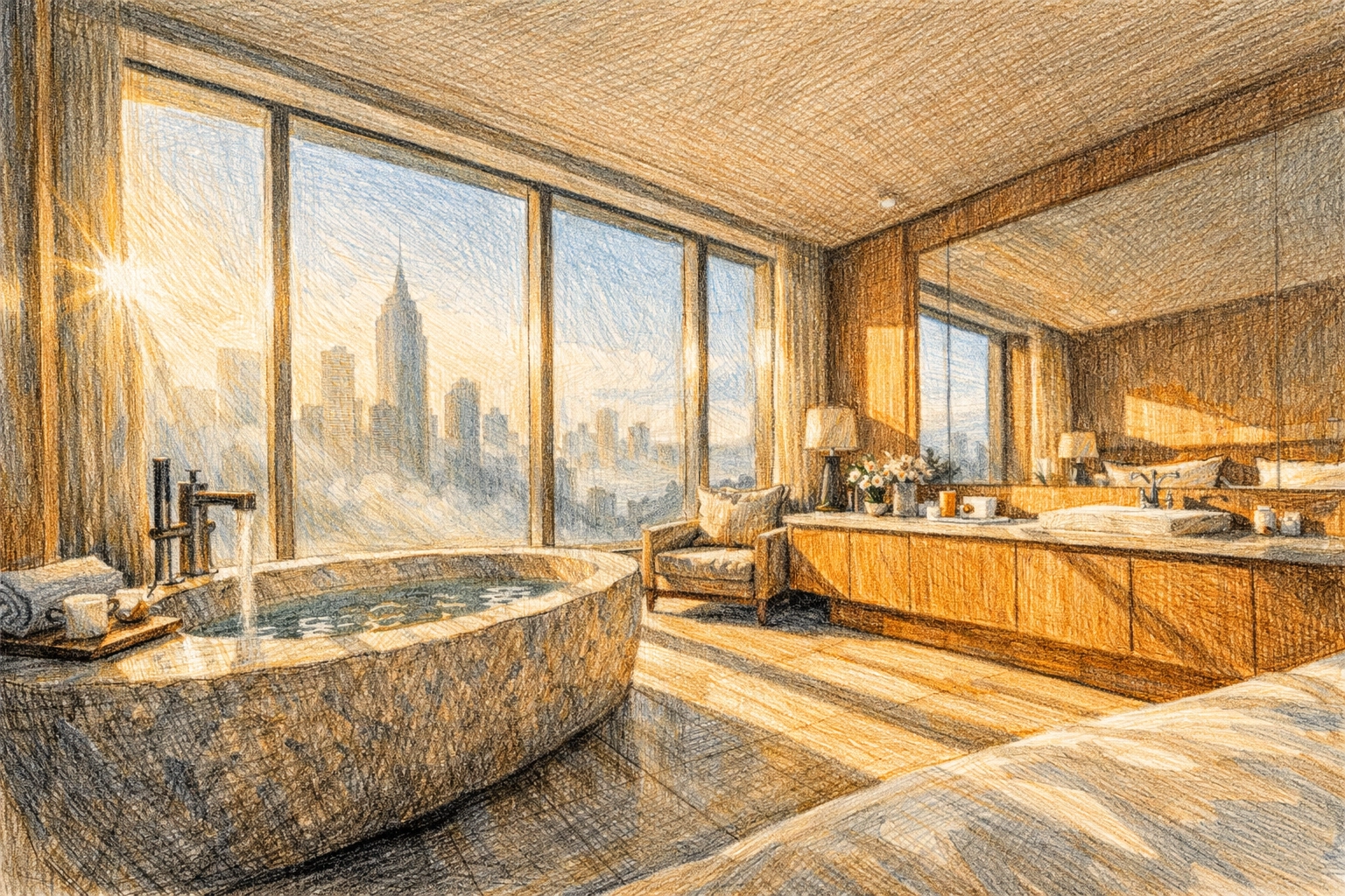 Serene boutique hotel suite with a limestone bathtub and oak wood interior design.