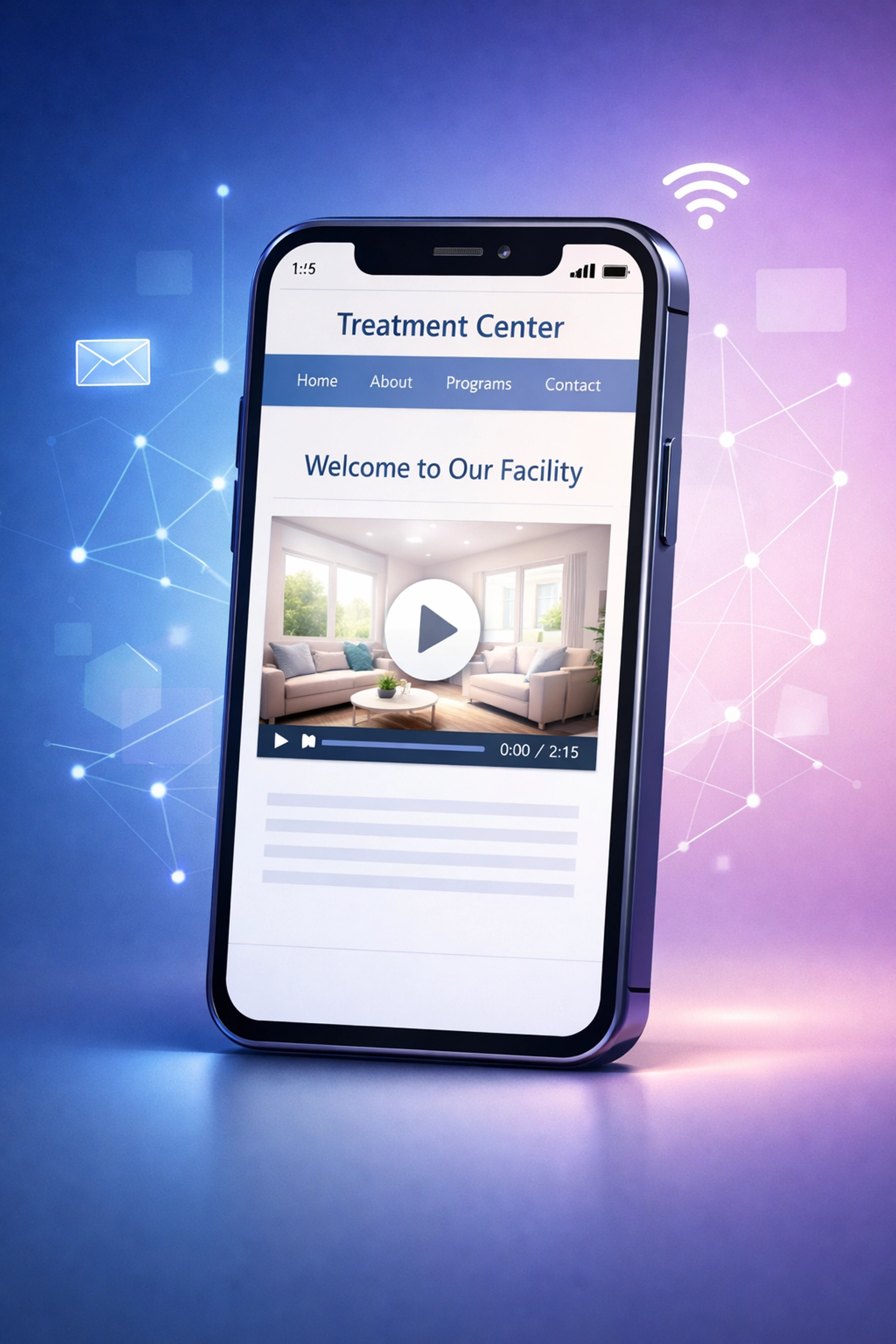 Mobile phone displaying treatment center website with clinical leadership video player