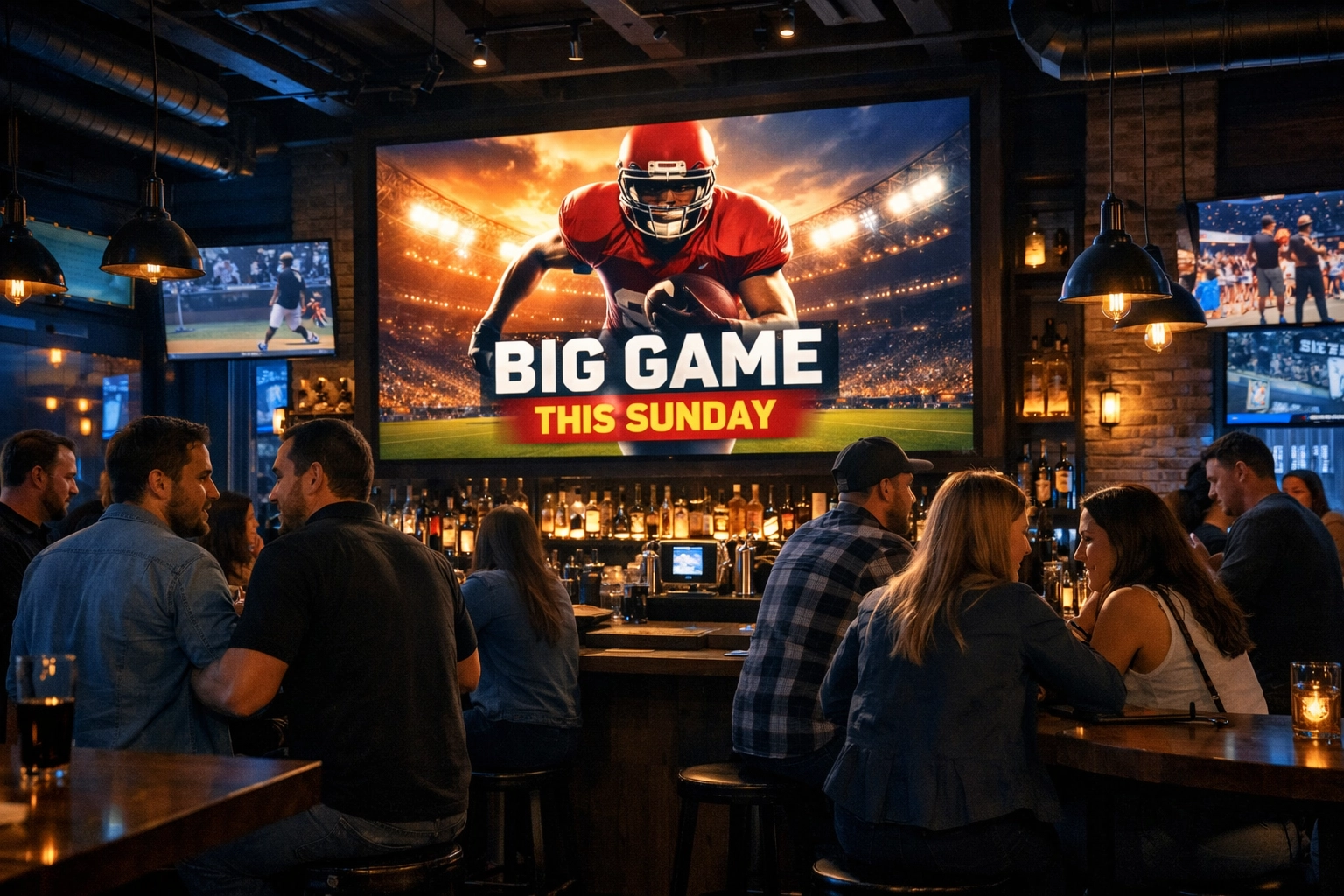 High-impact digital screens in a busy sports bar showing targeted local ads.