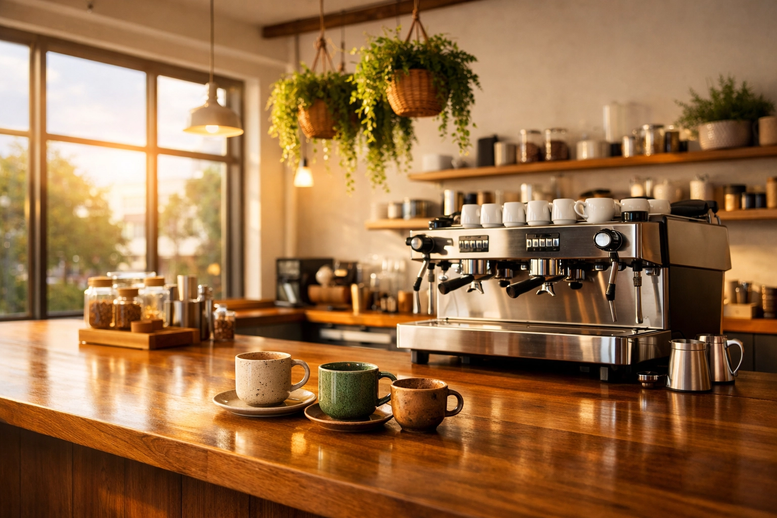 A sun-lit modern coffee shop interior featuring professional espresso equipment and a clean counter.