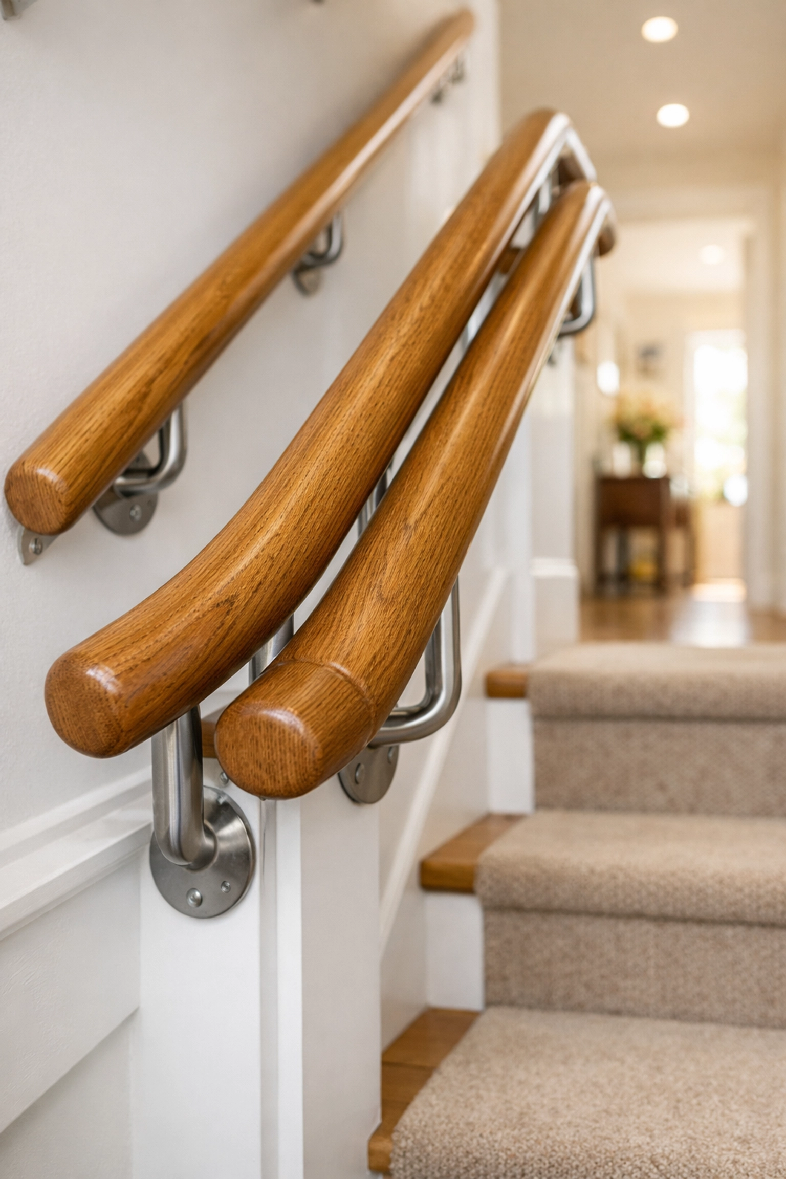 Sturdy dual wooden handrails extending past the bottom step for secure support and fall prevention.