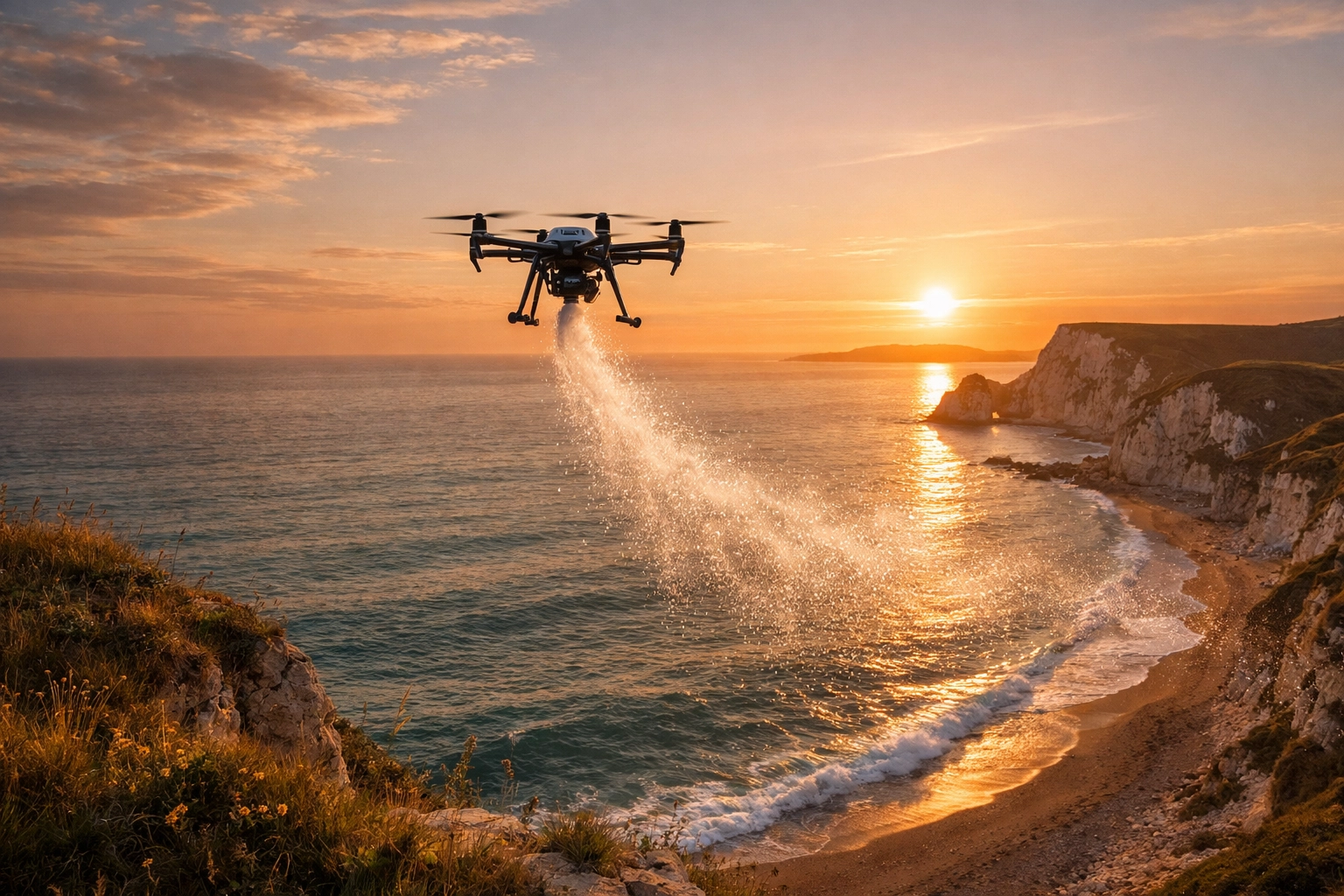 Serene drone ash scattering at sea along the UK coastline during golden hour.