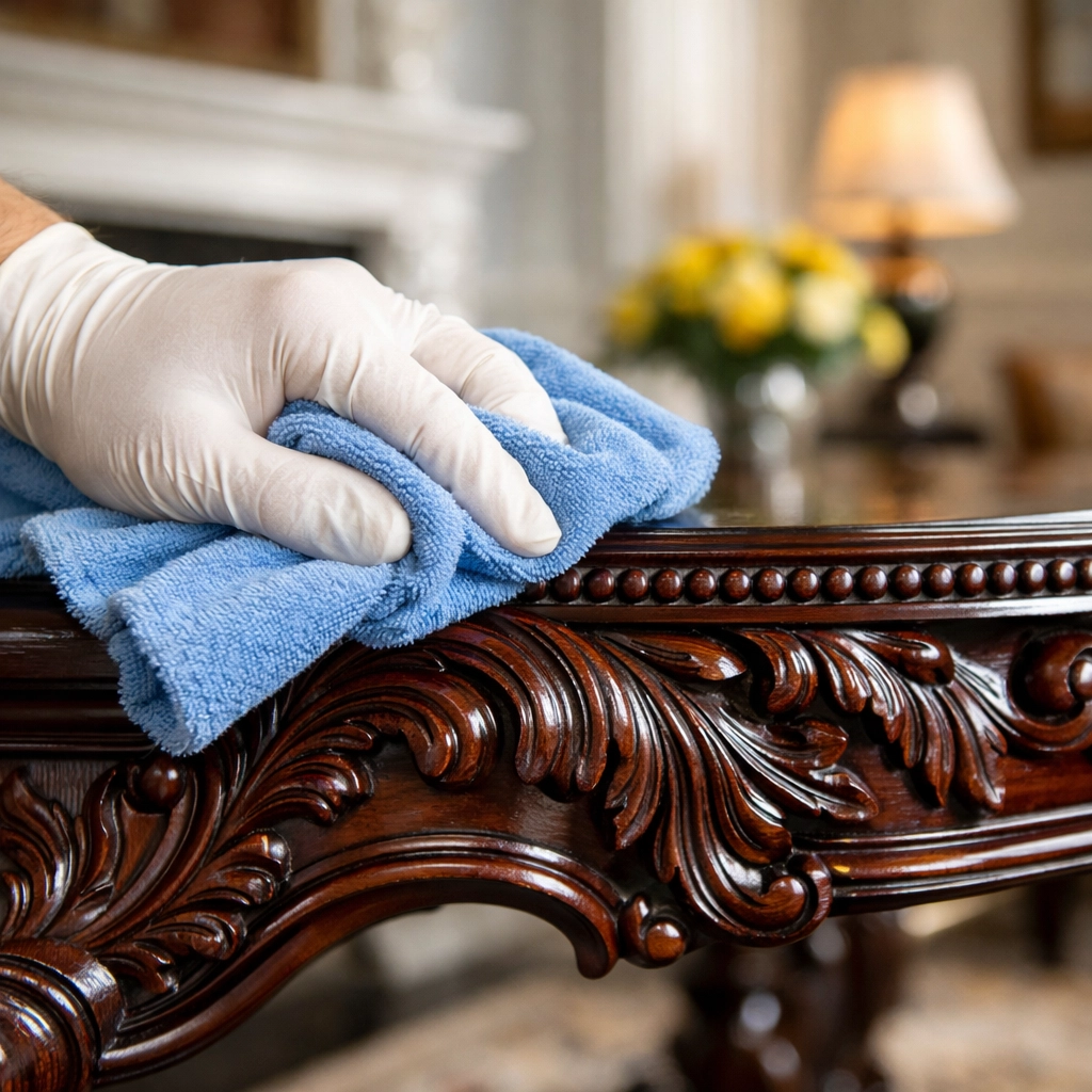 Detailed residential cleaning Massachusetts focusing on intricate antique furniture in a high-end Dover home.