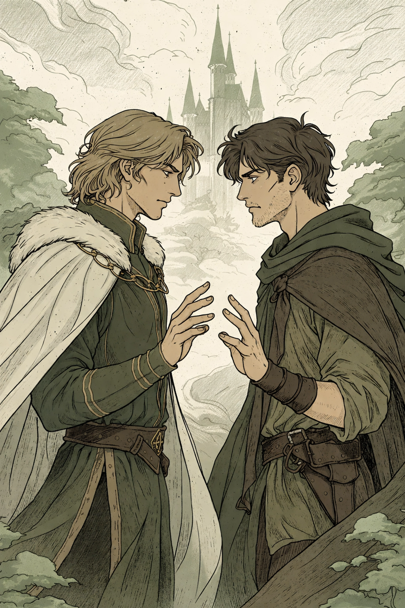 Two men in fantasy setting reaching for each other, representing high-angst gay romance tension