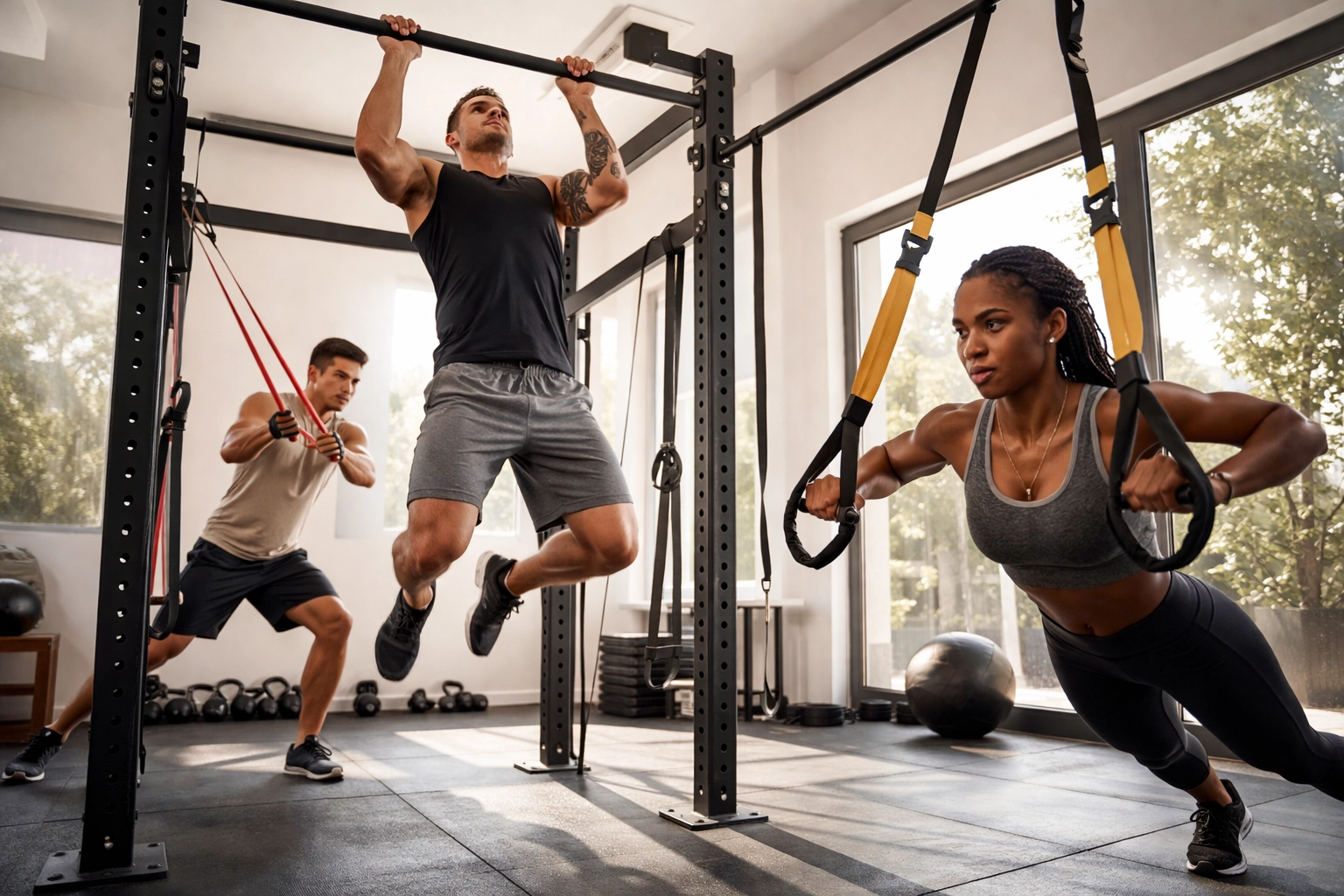 Group of athletes training on a versatile home gym system, showcasing full body workout at home without wall damage.
