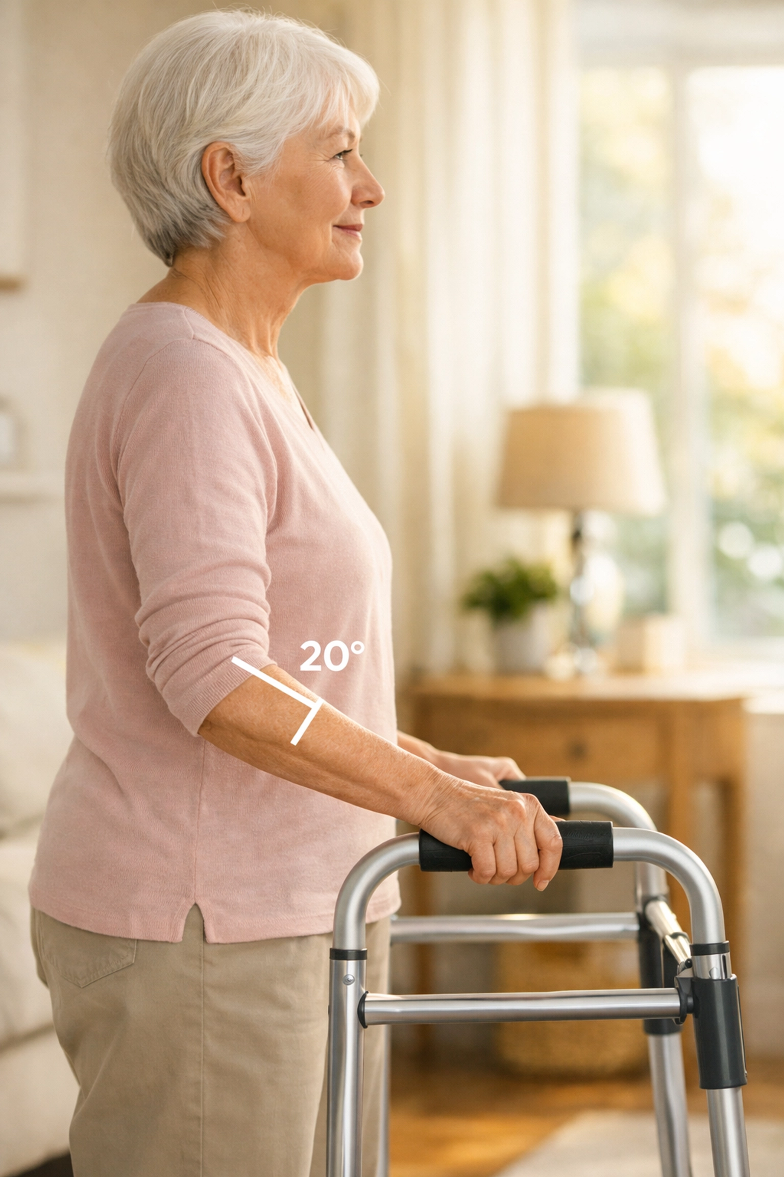 Senior woman demonstrating correct walker height with a slight elbow bend for safety and stability.