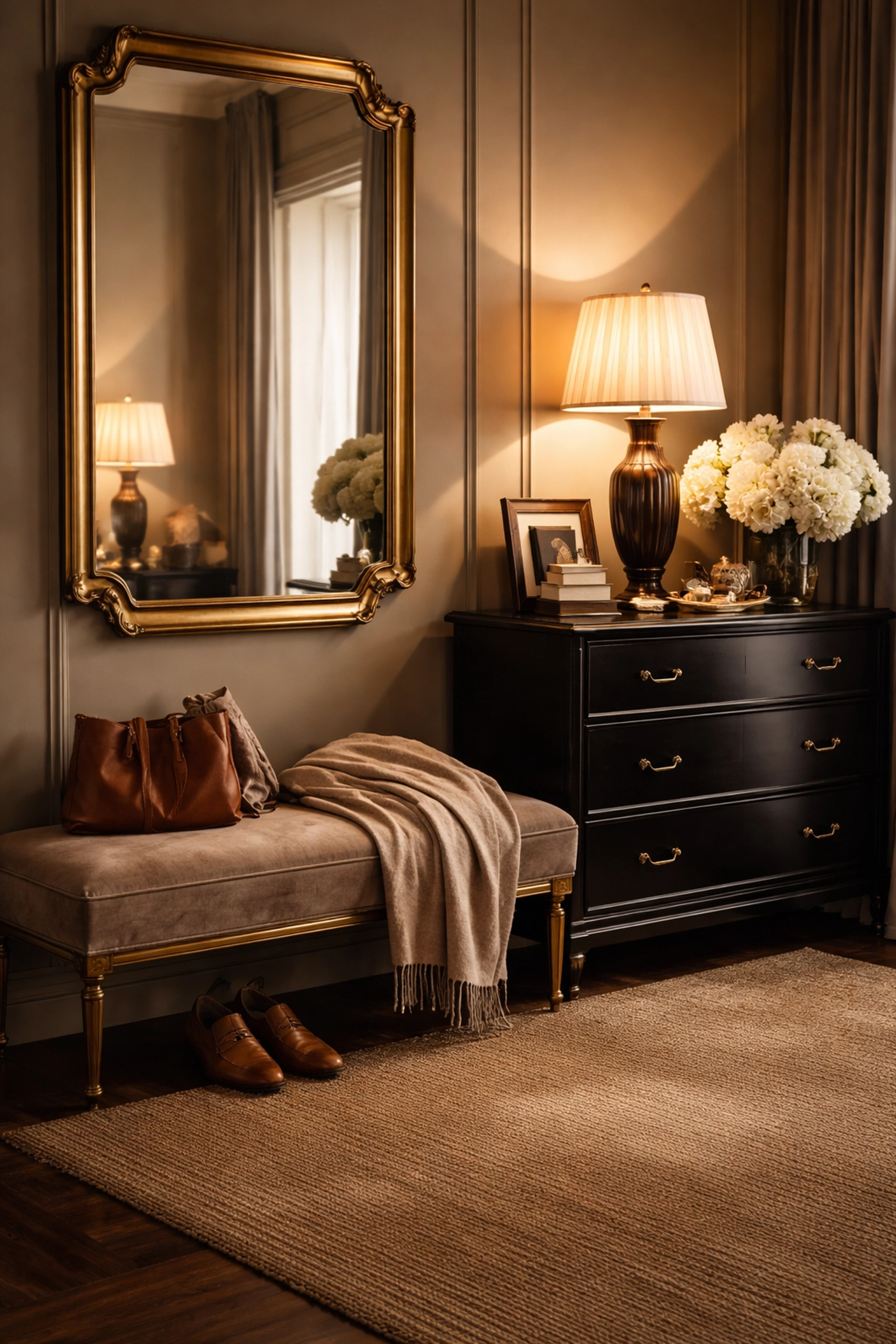 Luxurious entryway vignette with upholstered bench, brass legs, black lacquer dresser, and warm brown accessories