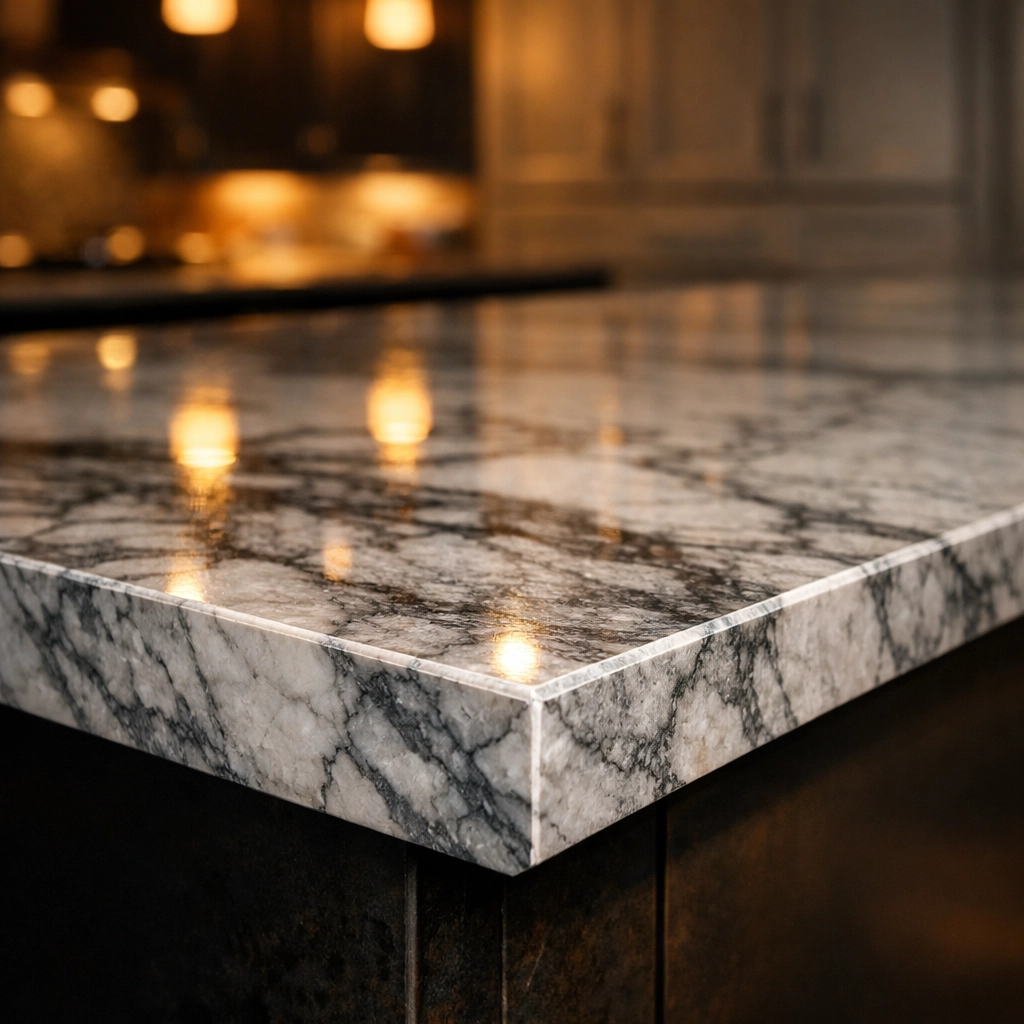 Luxury quartz kitchen island with grey veining installed during the worktop fabrication stage.