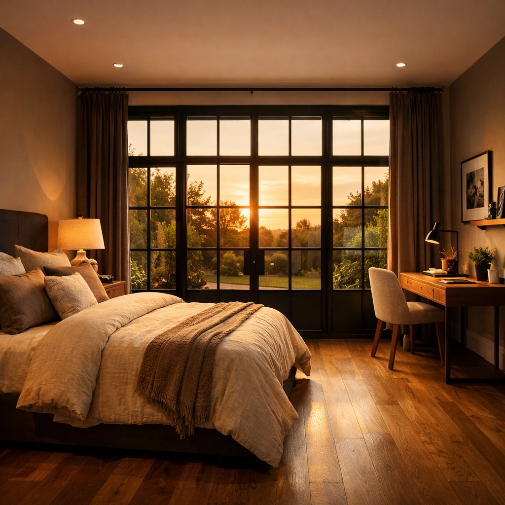 Luxury garage conversion into a modern guest suite in a West Sussex home with Crittall windows.