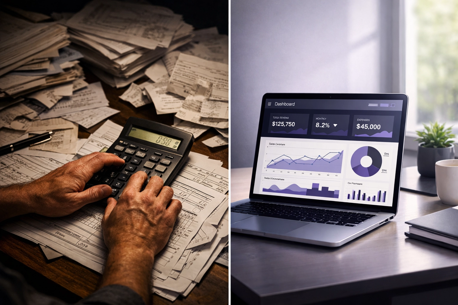 Manual paperwork versus automated business dashboard showing operational efficiency improvement