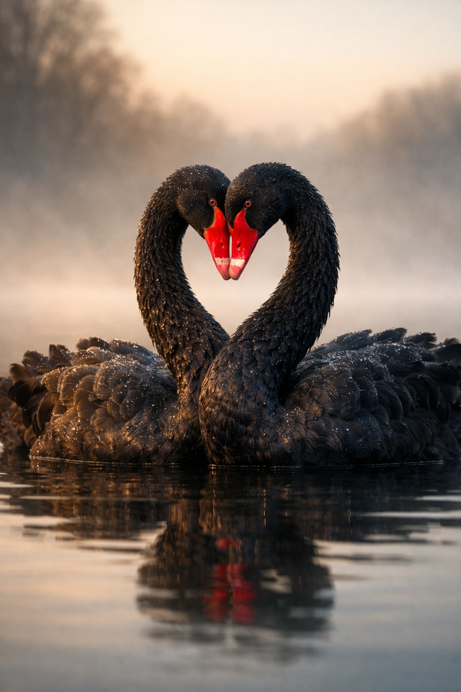 Two male black swans with intertwined necks in a heart shape, illustrating natural homosexual courtship in nature.