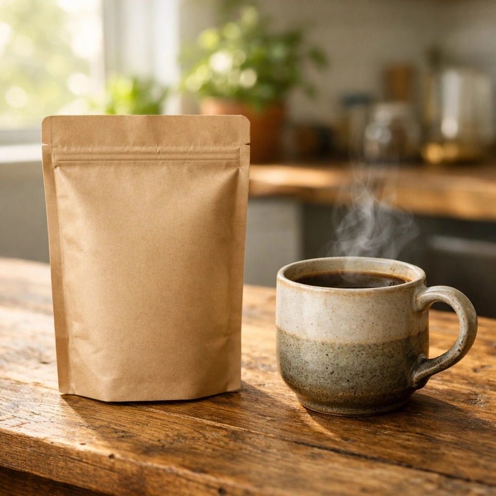 Premium coffee pouch and fresh mug on a rustic table showing successful coffee dropshipping in the UK.