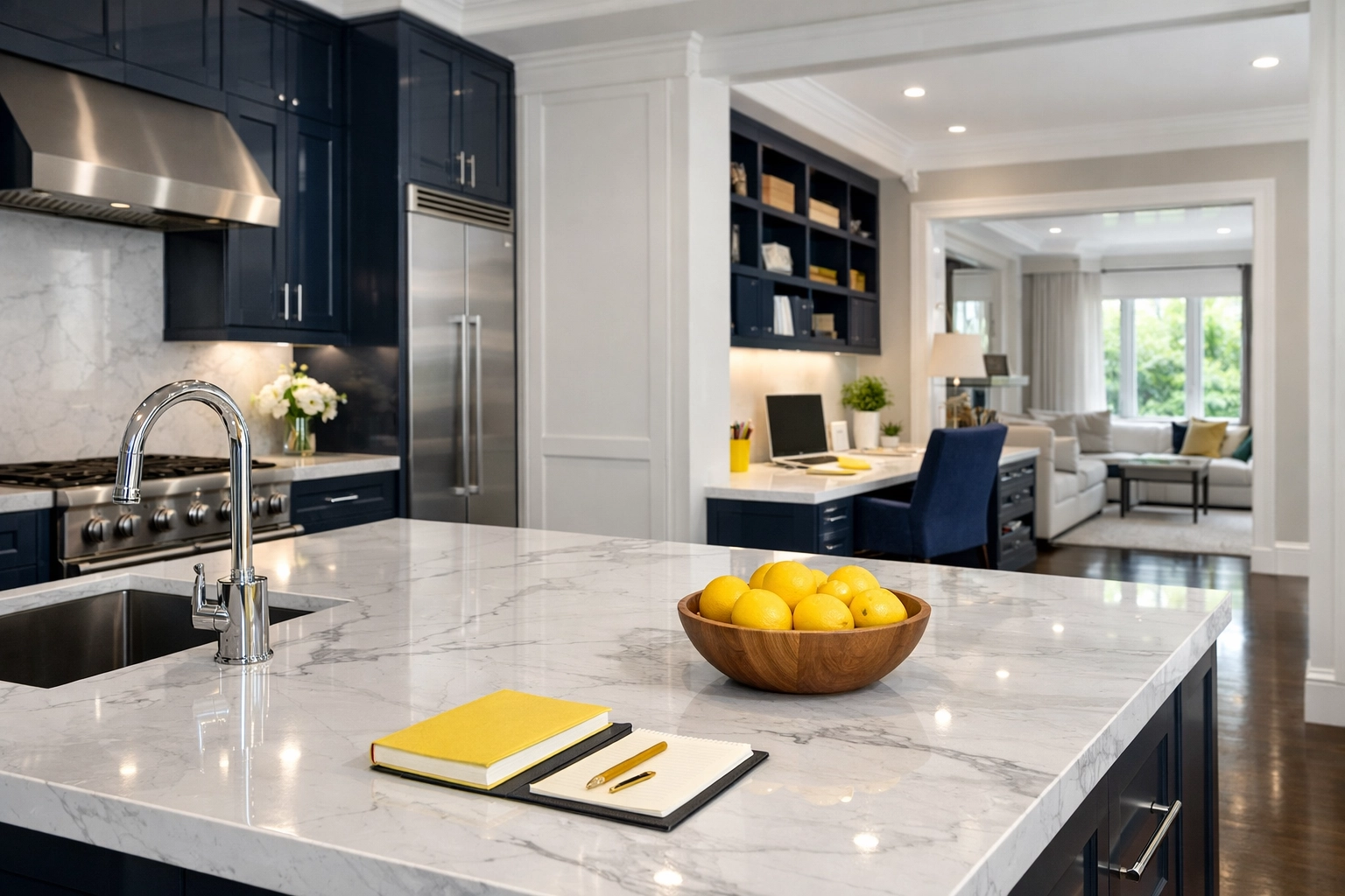 Pristine kitchen and home office in a 128 Belt estate cleaned with eco-friendly products.