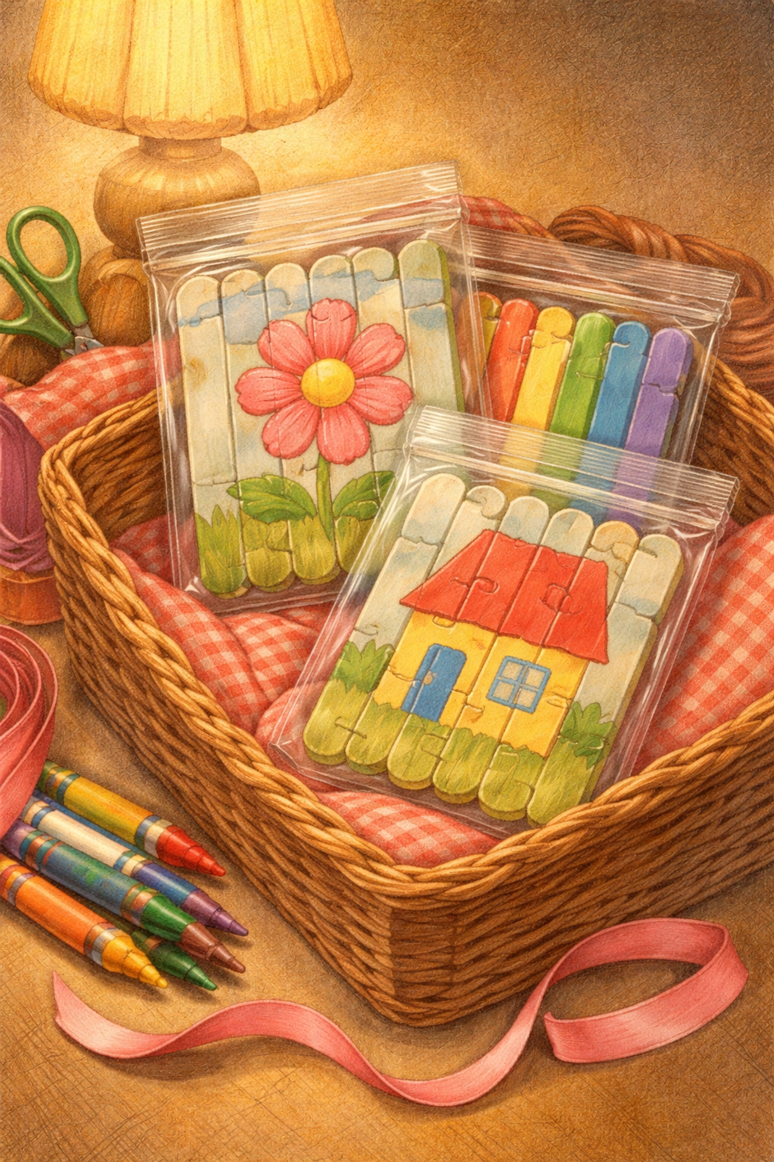 Three finished popsicle stick puzzles in bags, stored in a basket with crayons and ribbon, ready for creative play.