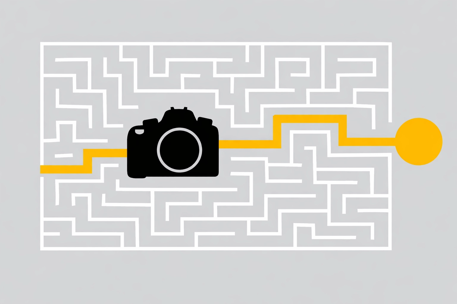 A minimalist illustration showing a clear path to a photography lead through a maze on Proshoot.io.