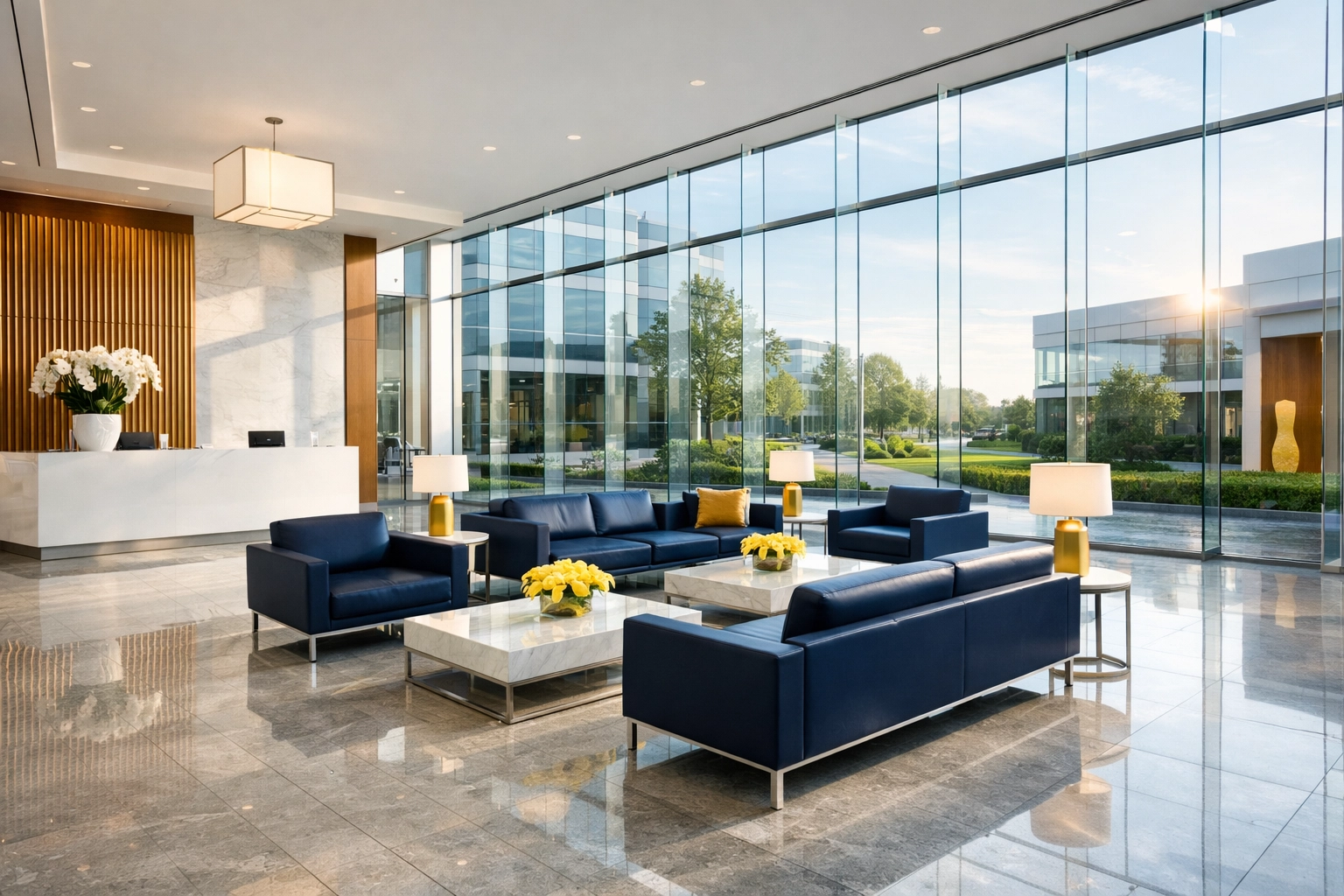 Pristine Lexington corporate lobby with polished marble floors reflecting high professional cleaning standards.