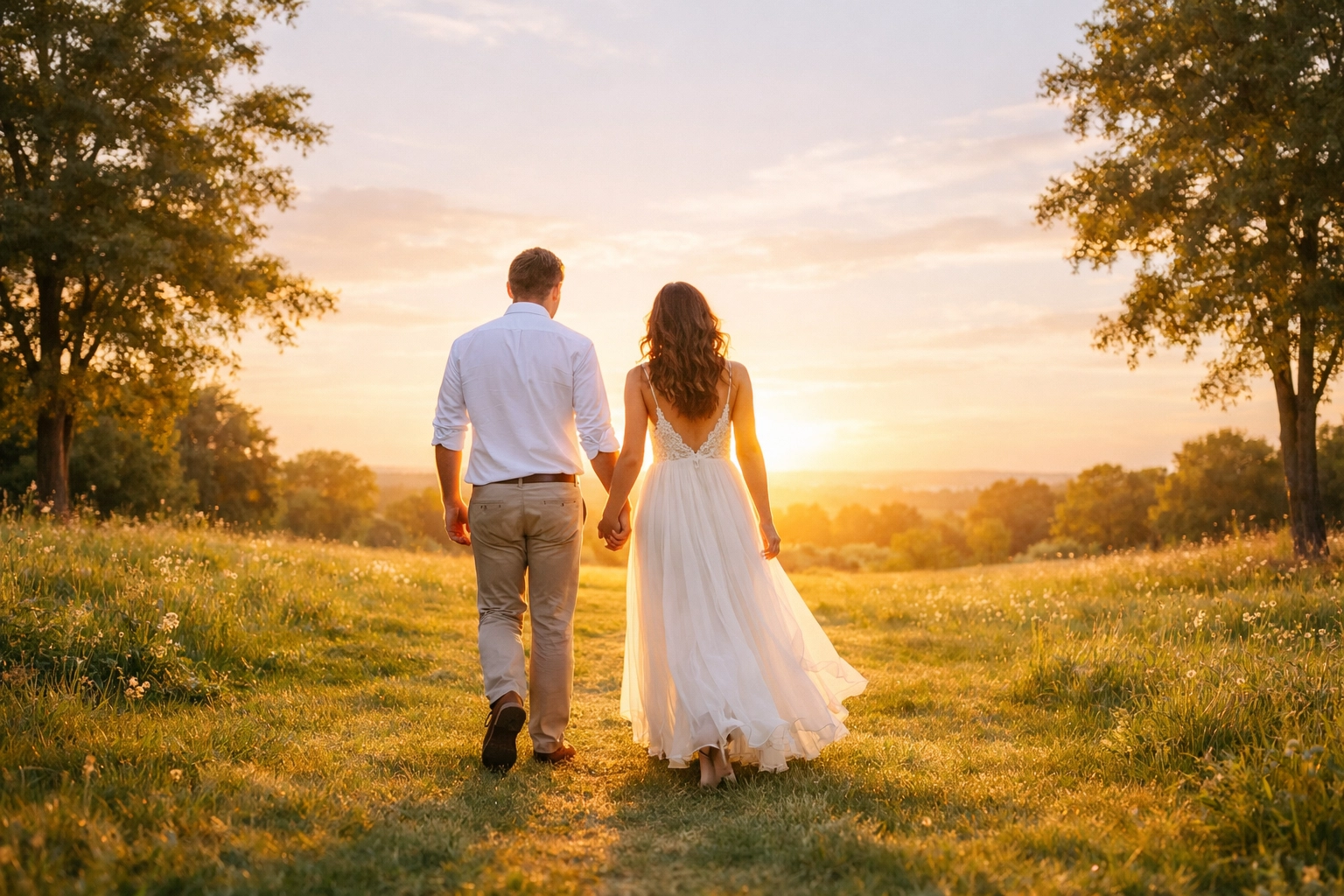 Couple walking hand-in-hand toward a debt-free future after their successful fully funded wedding.