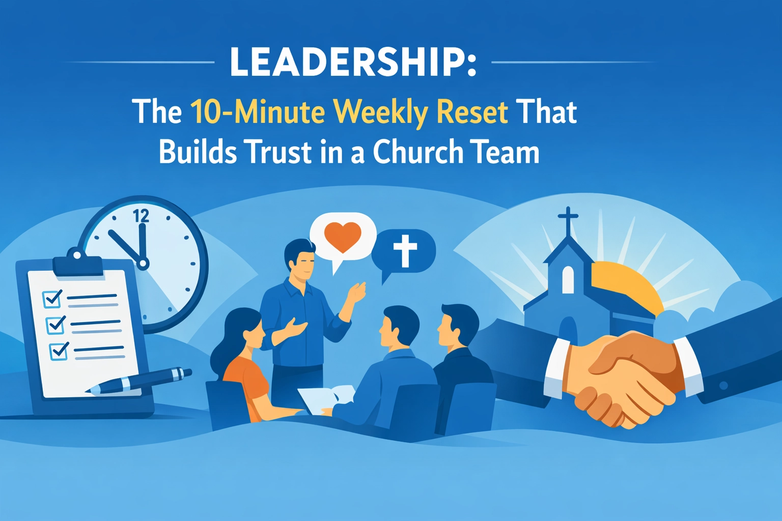 I've watched church teams crumble over things that could've been caught in a ten-minute conversation. A worship leader who felt unheard. A children's ministry volunteer who didn't know if anyone noticed their work. A tech team member who assumed silence meant approval, only to find out weeks later that something was wrong all along. The pattern is always the same: small disconnects pile up until trust erodes. And once trust is gone, everything else: vision, creativity, unity: becomes ten times harder to rebuild. That's why I started using a simple 10-minute weekly reset with every team I lead. It's not a full meeting. It's not a formal review. It's a quick, intentional touchpoint that keeps trust strong and miscommunication from turning into bigger problems. Here's how it works and why it matters.  Why Trust Is the Foundation of Every Church Team  Trust isn't built in big moments. It's built in the small, consistent interactions where people feel seen, heard, and valued. In a church setting, teams often run on volunteers who give their time, talent, and heart because they believe in the mission. But when they feel overlooked, underappreciated, or out of the loop, burnout and frustration creep in fast. I've learned that trust requires three things: Clarity  – People need to know what's expected and where they stand. Connection  – People need to feel like they matter, not just like cogs in a machine. Consistency  – People need to know they can count on you to show up, listen, and follow through. A weekly reset creates space for all three. It's not about micromanaging. It's about staying connected so small issues don't become big fractures.  The 10-Minute Weekly Reset Framework  This isn't complicated. In fact, the simpler you keep it, the better it works. Here's the structure I use every week with my team members:  1. Check In on the Person (2 minutes)  Start with the human, not the task list. Ask one simple question: "How are you doing: really?" Give them space to answer honestly. Sometimes it's a quick "I'm good, just busy." Other times, it's "Actually, I've been feeling overwhelmed." Either way, you're signaling that they matter beyond their role. This isn't therapy. It's not even deep conversation. It's just a moment to acknowledge that the person you're leading is more than their output.  2. Celebrate One Win (1 minute)  Find something they did well in the past week and name it. Be specific. "That social media post you created got more engagement than anything we've done this month." "The way you handled that upset parent on Sunday was graceful and wise." "I noticed you stayed late to clean up after the event: that didn't go unnoticed." Recognition fuels motivation. And when people know their contributions are seen, they're more likely to keep giving their best.  3. Clarify Expectations for the Week Ahead (3 minutes)  This is where you align on what matters most in the coming week. Ask: "What are your top priorities this week?" "Is there anything you need from me to make that happen?" "Are there any roadblocks I should know about?" This prevents the "I thought you wanted it this way" confusion that kills trust. It also gives you a chance to adjust expectations if something unrealistic is on their plate.  4. Ask One Open Question (2 minutes)  End with a question that invites honest feedback. Rotate between these: "Is there anything I could be doing better as a leader?" "What's one thing that would make your role easier?" "Is there anything you're unsure about right now?" The goal isn't to solve everything on the spot. It's to create a culture where people feel safe bringing up concerns before they turn into resentment.  5. Close with Affirmation (1 minute)  End on a note of gratitude and encouragement. "Thanks for all you do. This team is better because you're part of it." "I'm grateful to serve alongside you." Simple, sincere, and powerful.  6. Follow Through on What You Heard (1 minute after the conversation)  Immediately after the reset, jot down any action items or follow-ups. If someone mentioned needing a new piece of equipment, get it ordered. If they expressed confusion about a process, clarify it before the week is out. Trust isn't just built in the conversation: it's built in what you do after.  What This Does for Your Team  When you make this a consistent rhythm, here's what starts to happen: Problems get caught early.  Instead of discovering issues after they've festered, you hear about them when they're still manageable. People feel valued.  Regular connection reminds your team that they're more than task-completers: they're partners in the mission. Communication improves.  When people know they have a weekly space to share concerns, they're less likely to let frustration simmer in silence. Burnout decreases.  Checking in regularly helps you spot warning signs before someone hits a breaking point. Trust compounds.  Over time, these small moments add up to a culture where people feel safe, heard, and empowered.  Common Pitfalls to Avoid  I've messed this up enough times to know what doesn't work. Here are the traps to watch for:  Don't Turn It Into a Task-Only Meeting  If you skip the personal check-in and jump straight to the to-do list, you're missing the point. People will feel like they're being managed, not led.  Don't Skip Weeks  Consistency is everything. If you only do this when it's convenient, it loses its impact. Block ten minutes every week: same day, same time if possible: and protect that space.  Don't Just Talk: Actually Listen  If you're thinking about your next meeting while they're talking, they'll feel it. Give them your full attention. Put your phone down. Make eye contact. Listen like their words matter: because they do.  Don't Ignore the Follow-Through  If you ask what they need and then do nothing about it, trust doesn't just stay flat: it goes backward. Keep your word on the small stuff. That's how people know they can count on you for the big stuff.  Takeaway / Next Step  Building trust doesn't require grand gestures or elaborate systems. It requires showing up consistently, listening well, and following through on what you hear. If you lead a church team: whether it's two people or twenty: try this 10-minute weekly reset for the next month. Pick one person to start with. Schedule it. Protect it. And watch what happens when people feel truly seen and valued. You'll be surprised how much stronger your team becomes when trust becomes the rhythm, not the exception. Want more practical leadership strategies that help you grow as a person and a leader?  Feel free to reach out to me on the site  anytime: I'd love to hear how you're building trust in your own context. And just so you know, visiting helps raise funds for families who lost children at no cost to you. If you're looking for a space to grow in your faith and connect with others who are walking the same journey, check out Boundless Online Church . It's a community grounded in real Christian teaching, and you can access it privately or sign up to dive deeper. And if this post was helpful, I'd love for you to share it with another leader who could use the encouragement. Let's keep learning and loving like Jesus: one conversation at a time.