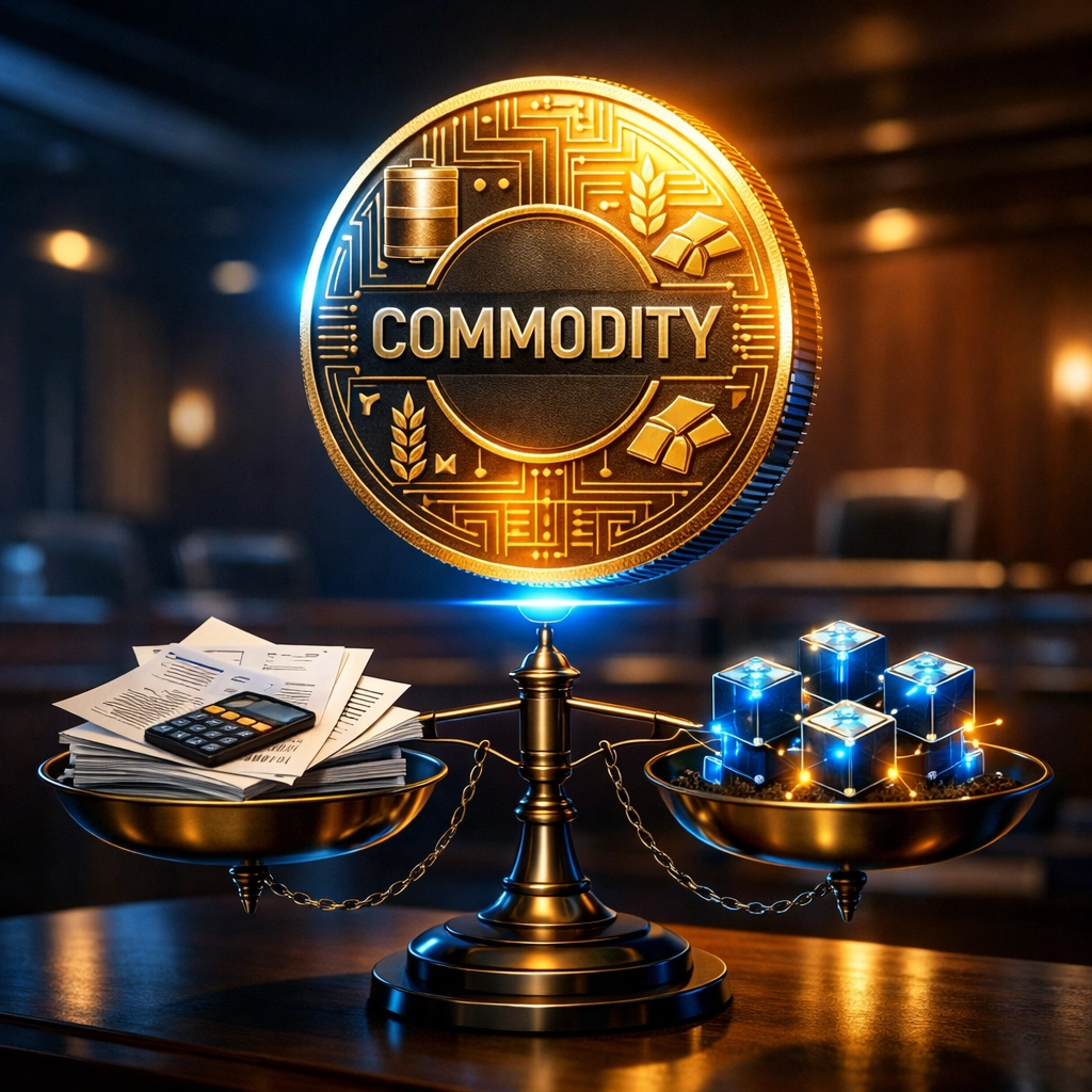 Digital commodity coin balanced on scales representing CLARITY Act cryptocurrency regulation framework