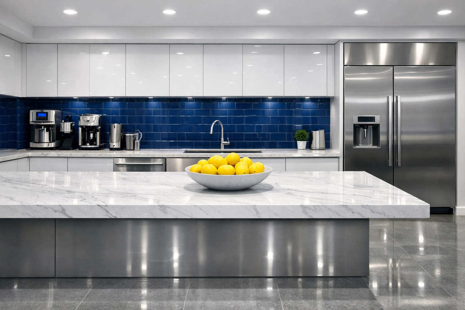 Sanitized luxury corporate breakroom in Southborough with sparkling marble counters and floors.