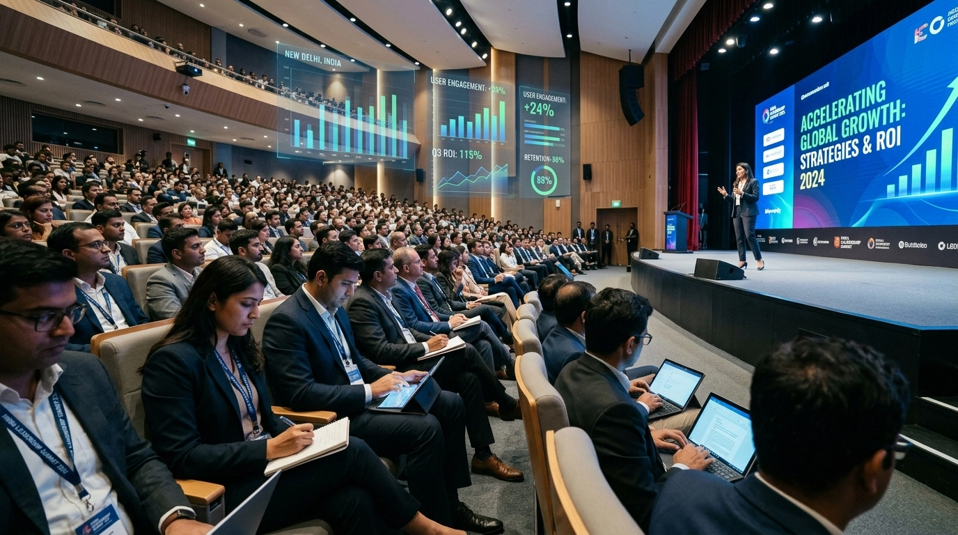 A professional corporate event at NCUI with data overlays showing engagement and ROI