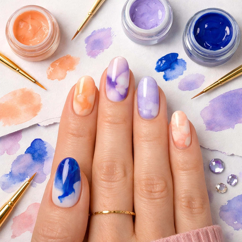 Bespoke watercolor nail art and tools demonstrating the versatility of Japanese blooming gel designs.