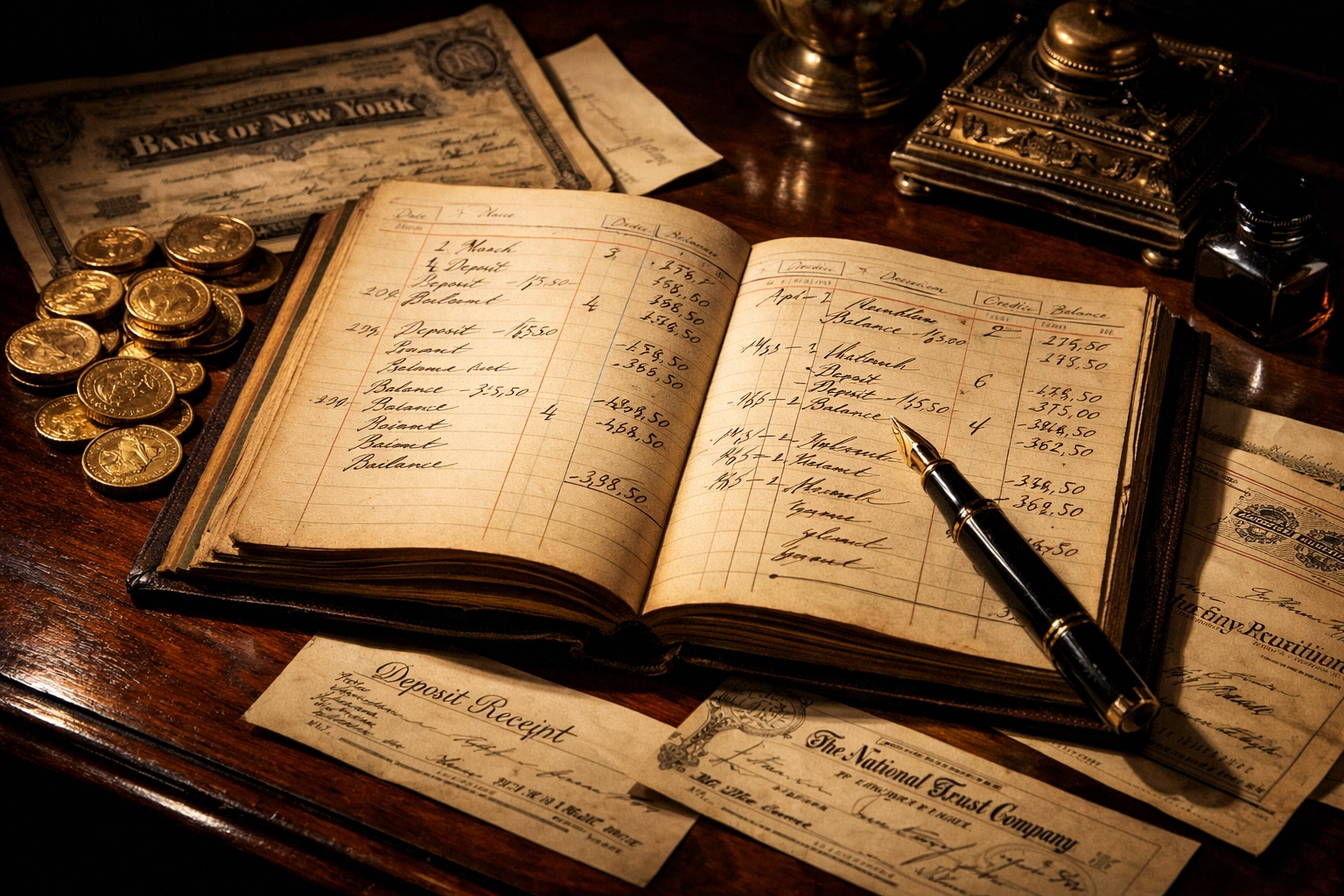 Vintage banking ledger with gold coins depicting historic Black financial institutions and wealth building