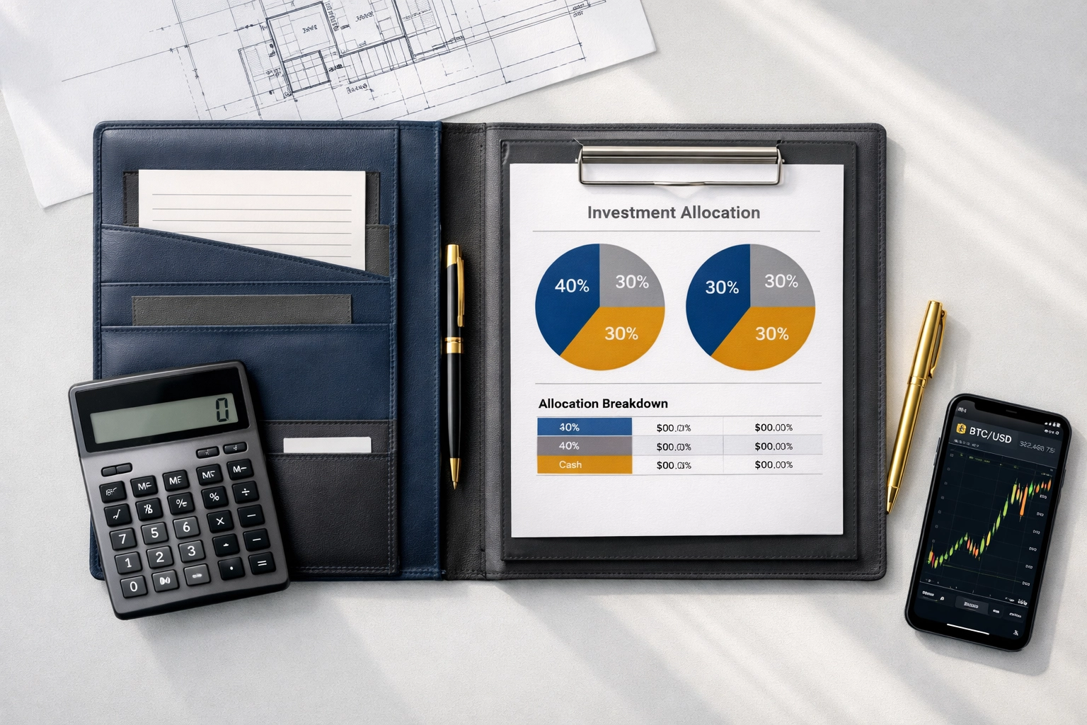Financial portfolio allocation documents showing 40/30/30 investment strategy with Bitcoin charts