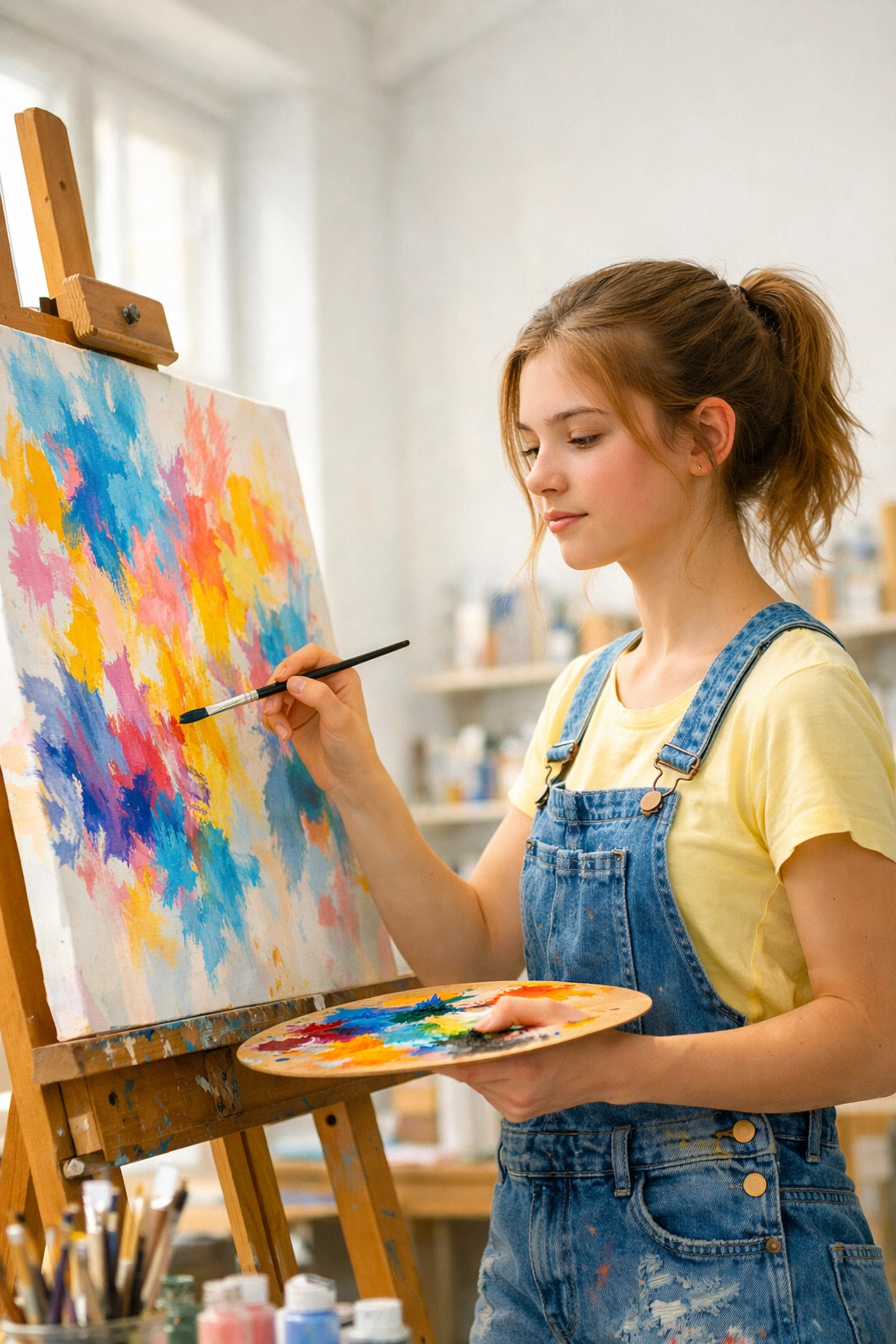 A teenage girl painting in a peaceful studio, showcasing the safe learning environment of a residential program.