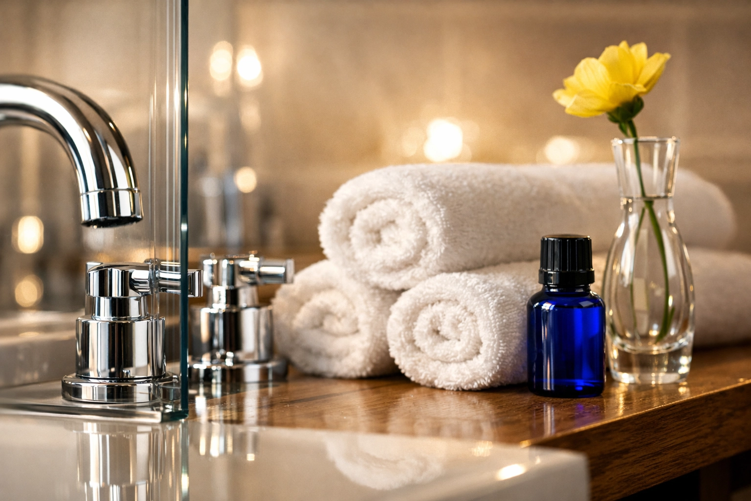 Deep cleaned luxury bathroom with shining chrome fixtures by residential cleaning Massachusetts experts.