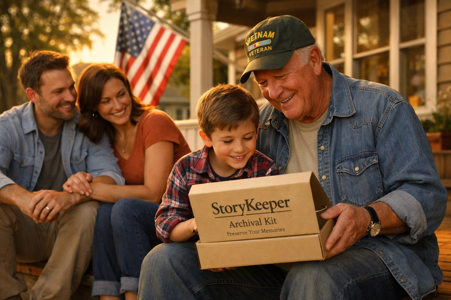 A veteran grandfather sharing patriotic traditions and the Storykeeper kit with his family on a porch.