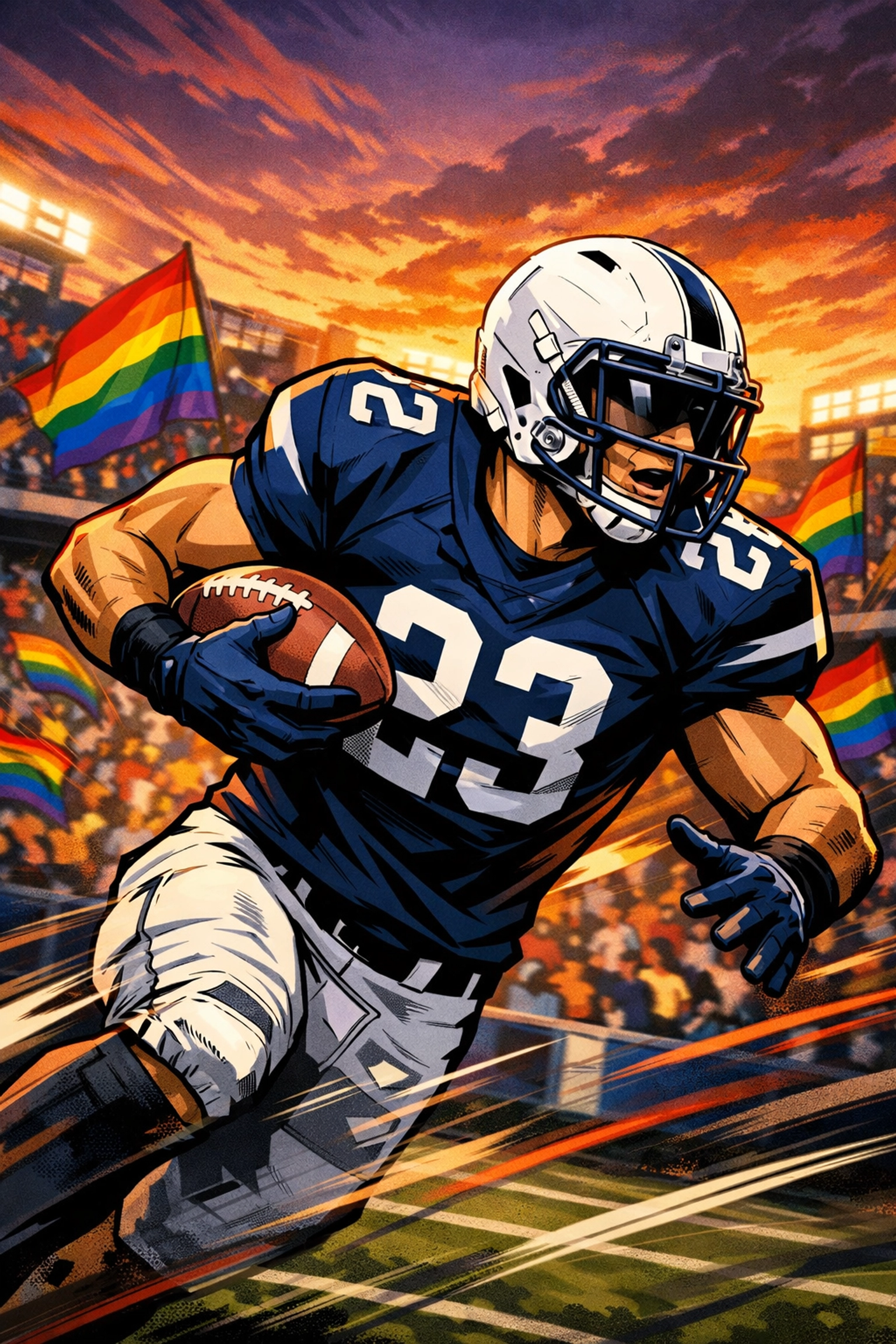 Gay college football player in action with LGBTQ pride flags in stadium
