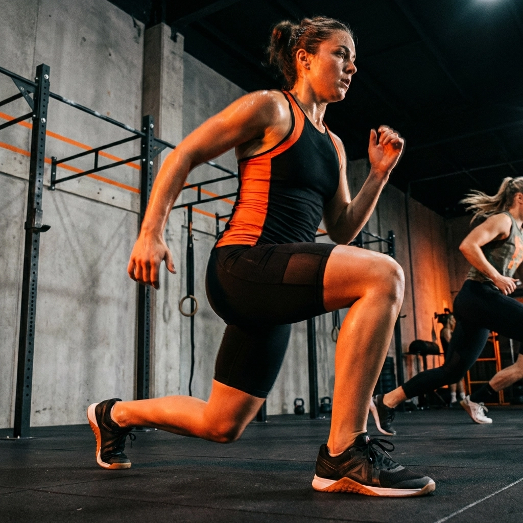 Female athlete performing Bulgarian split squat, demonstrating strength training for knee pain prevention in runners