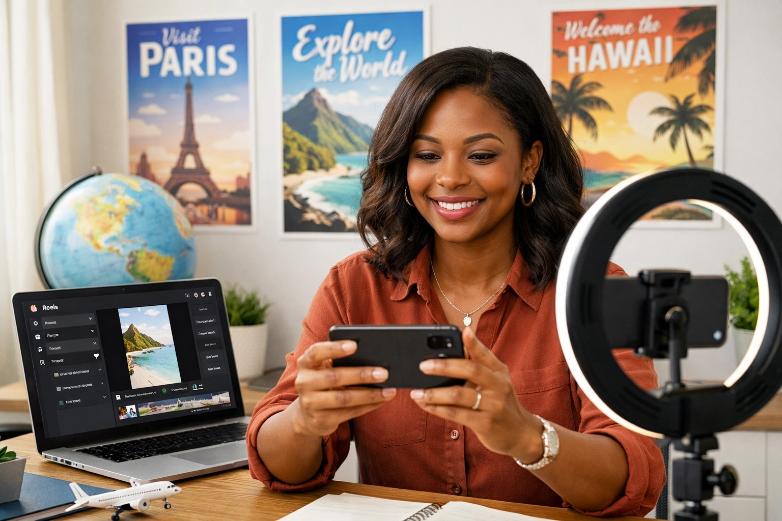 Travel agent creating social media reel content at home office desk with smartphone and laptop