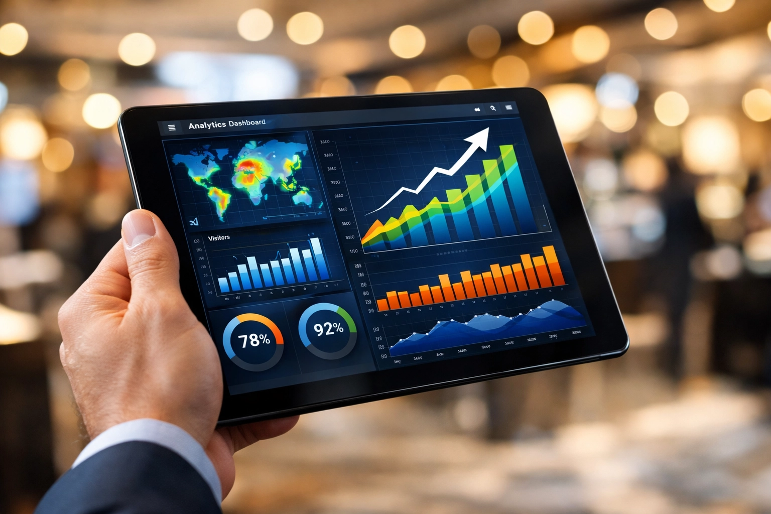 Hand holding a tablet with a data dashboard showing real-time ROI and Super Bowl brand engagement analytics.