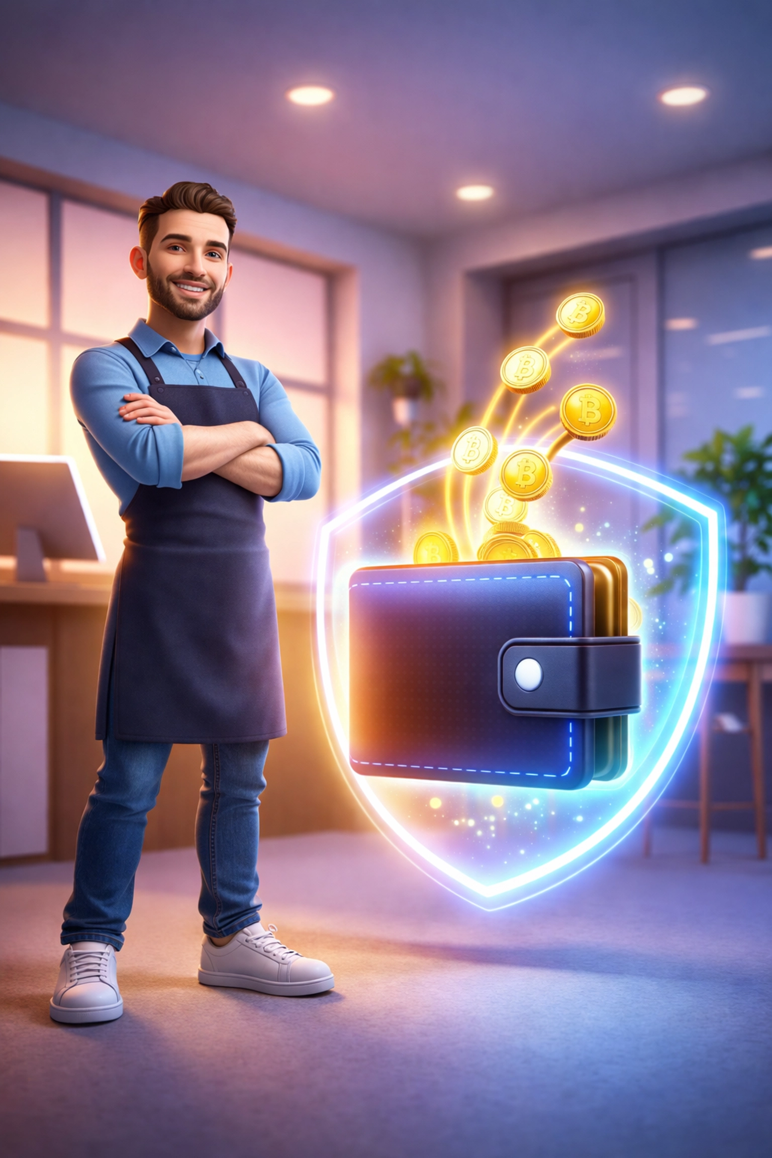 Small business owner securing crypto funds in a self-custody wallet, highlighting crypto payment control and fee savings.