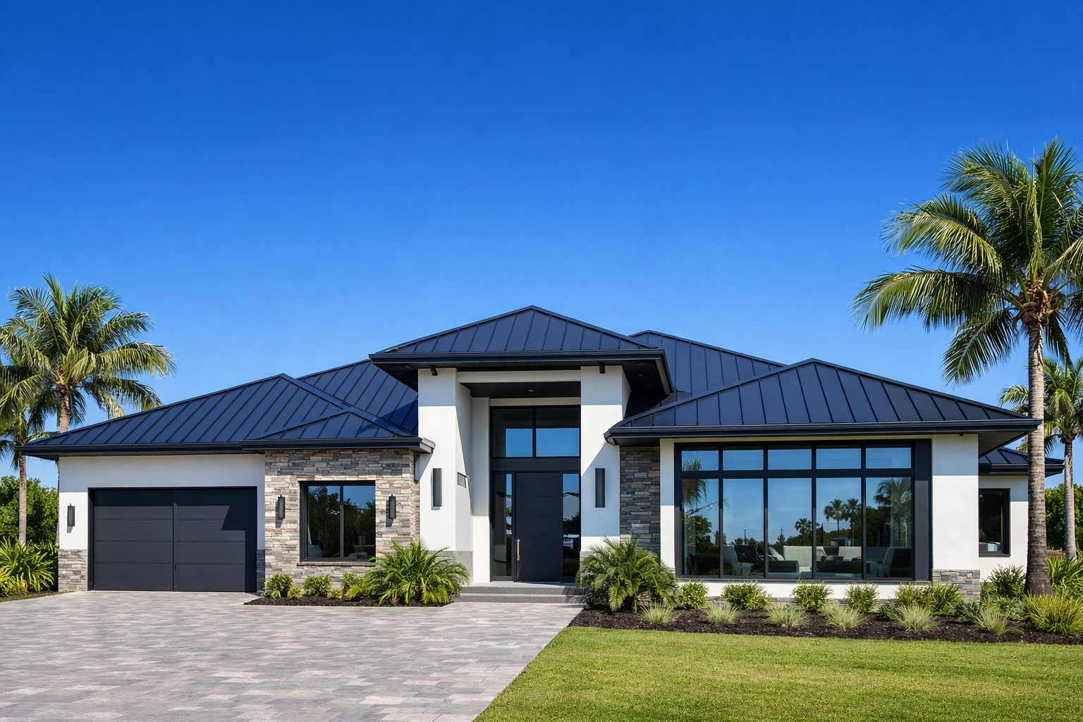 Architectural photo of an Okeechobee custom home with a sleek metal roof and energy-efficient impact windows.