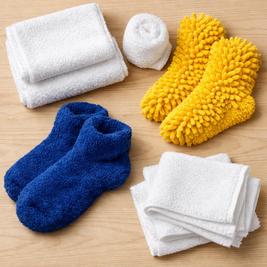 Assorted microfiber and fuzzy cleaning socks in blue, yellow, and white for dusting window blinds.