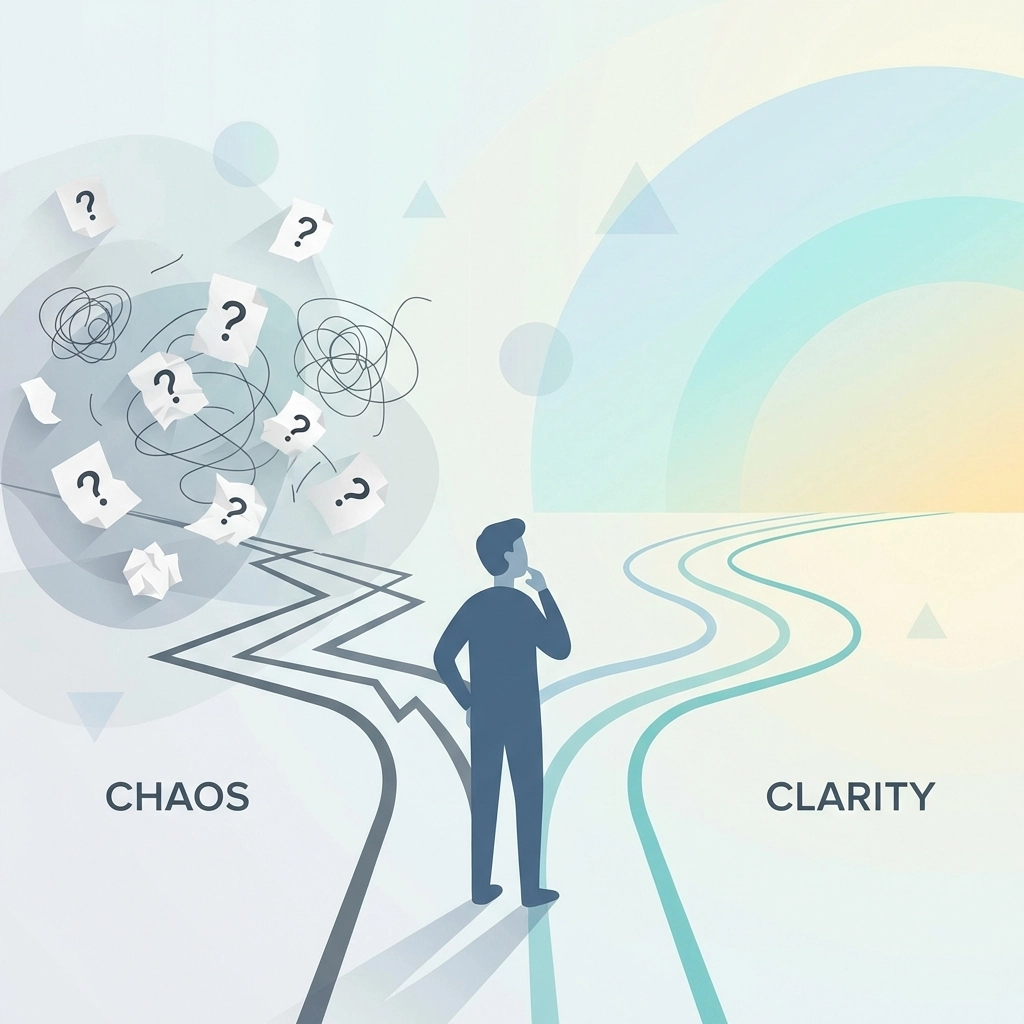Person at a crossroads choosing an organized path, representing clarity and readiness for musician mastermind growth