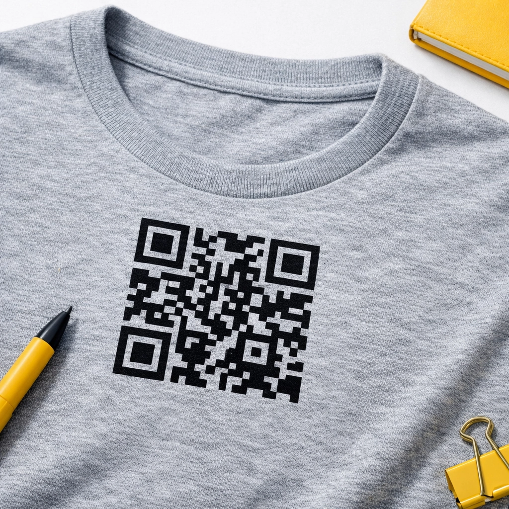 Detail of a crisp, screen-printed QR code on a grey custom t-shirt for professional lead generation.