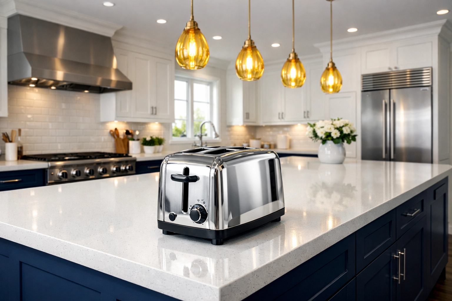 A spotless high-end kitchen featuring a clean toaster, perfect for a professional bi weekly house cleaning result.