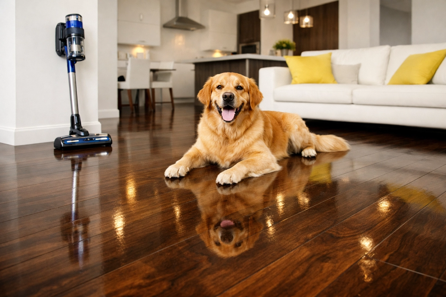 Spotless hardwood floors in a pet-friendly Lincoln home with a modern vacuum cleaner.