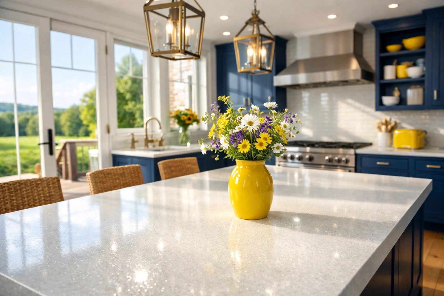 Sun-drenched modern kitchen in Royalston MA showing a clean white quartz island after professional house cleaning.