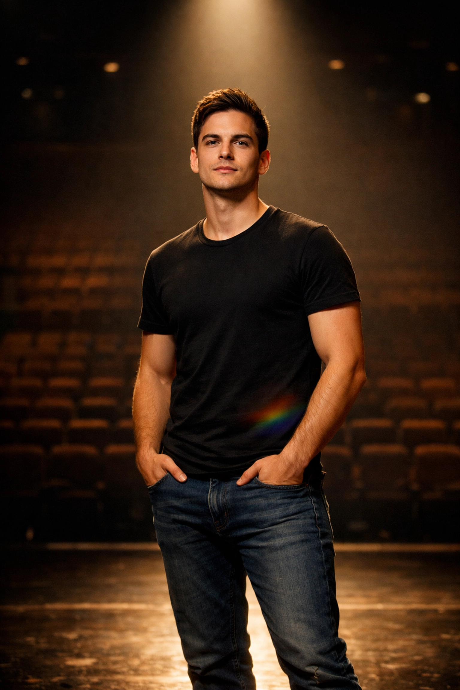 Young out gay actor standing confidently in theatre spotlight