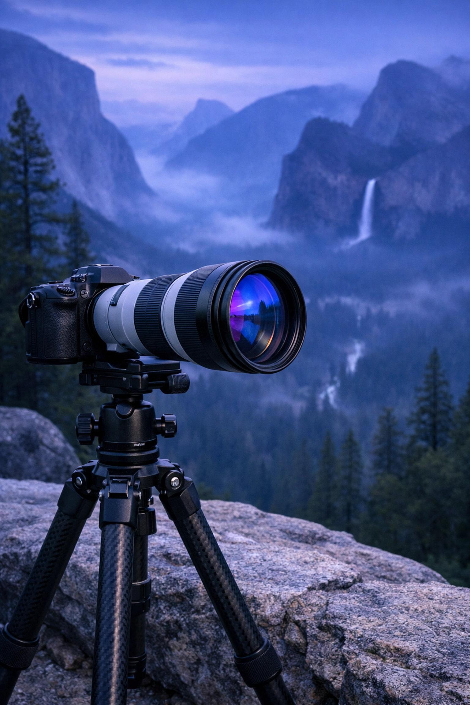 Professional camera gear setup on a tripod overlooking a misty Yosemite valley at blue hour.