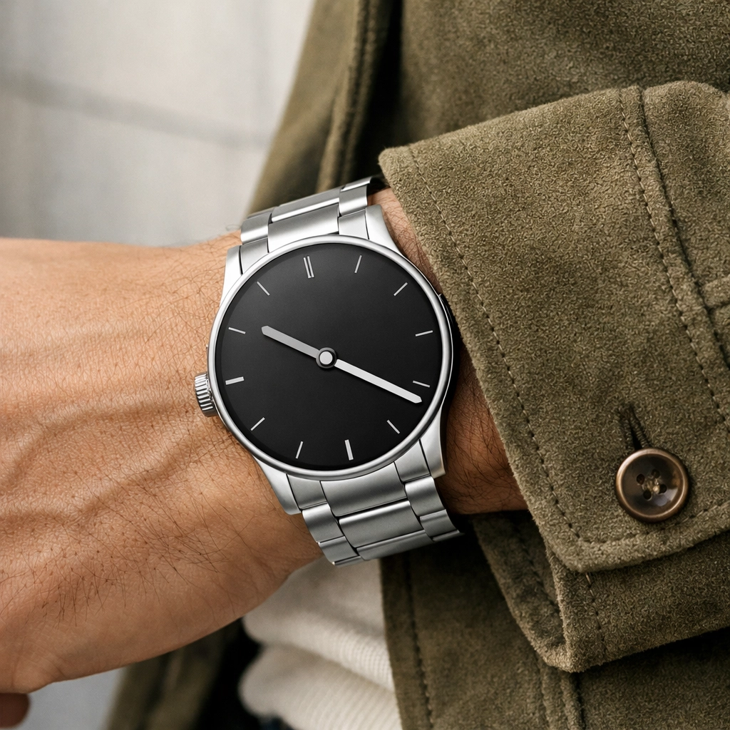 Olive green suede jacket styled with a digital smartwatch, blending heritage fashion and modern tech.