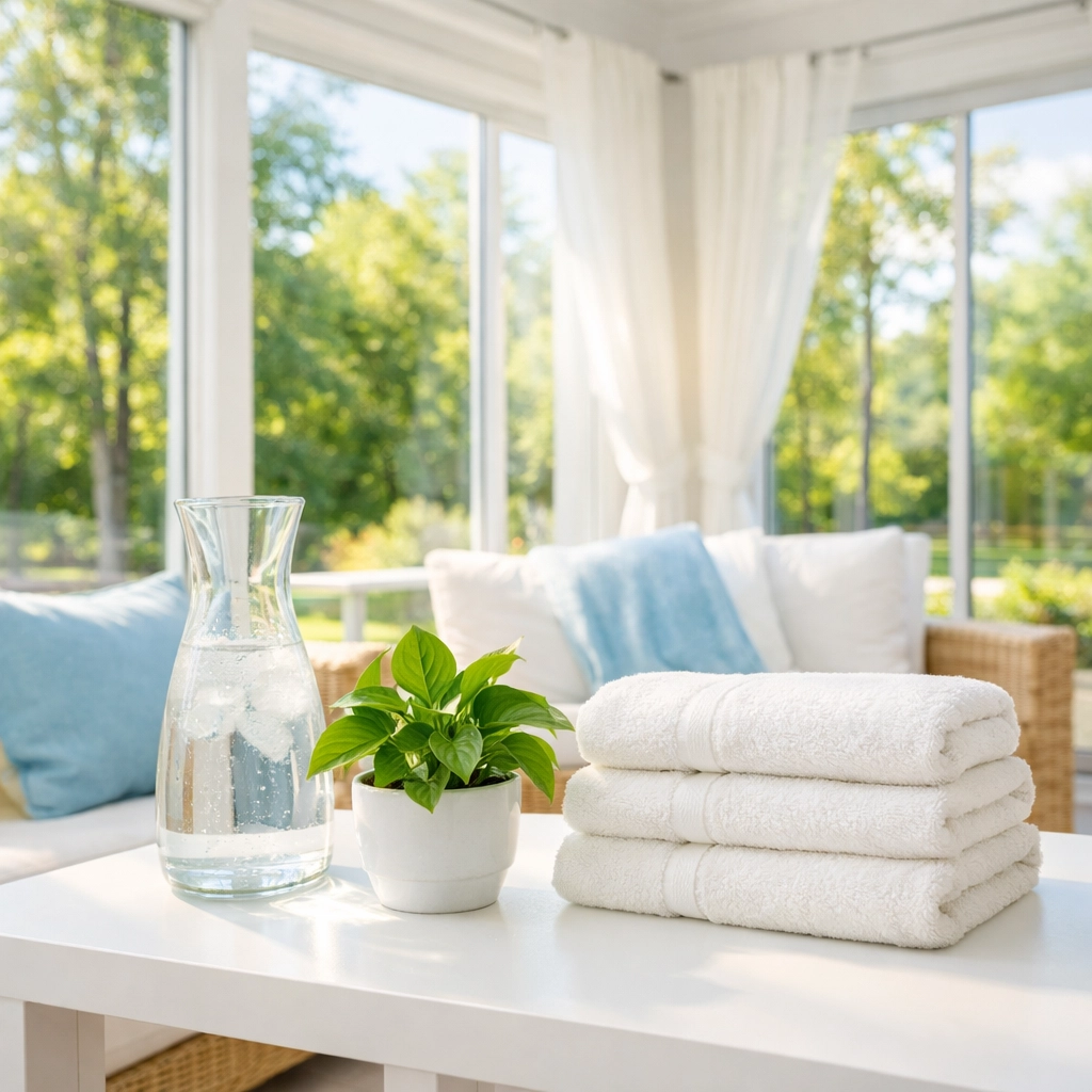 Sunlit sunroom showing fresh, eco-friendly residential cleaning Massachusetts in a high-end Dover home.