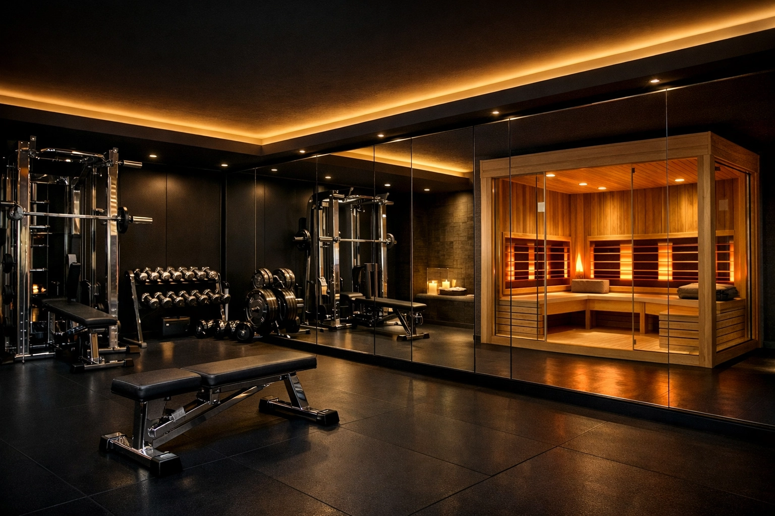 Luxury garage gym conversion with professional fitness equipment and a modern cedar wood infrared sauna.