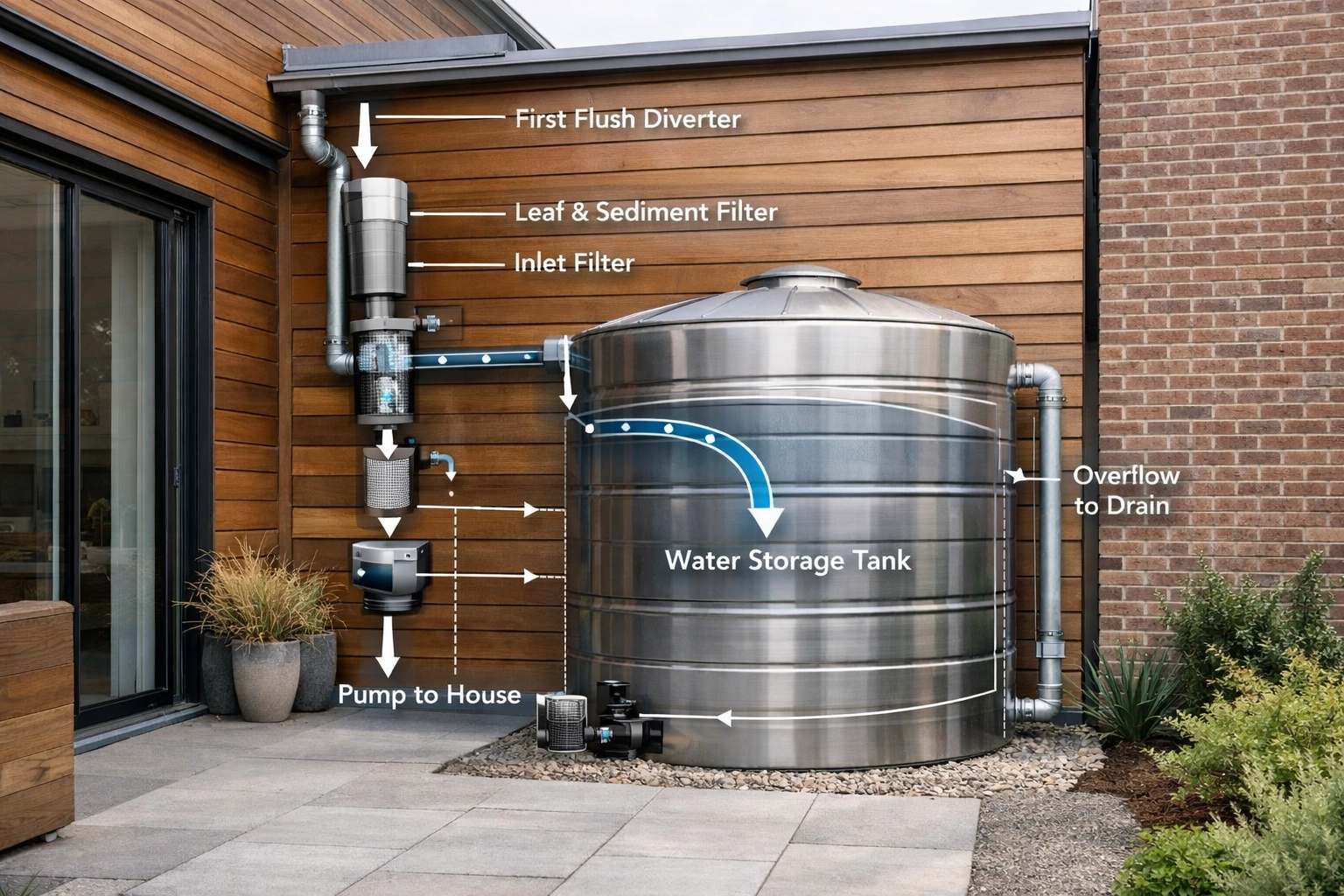 Modern rainwater harvesting cistern on a Toronto townhome, a budget-friendly LID measure for permit approvals.