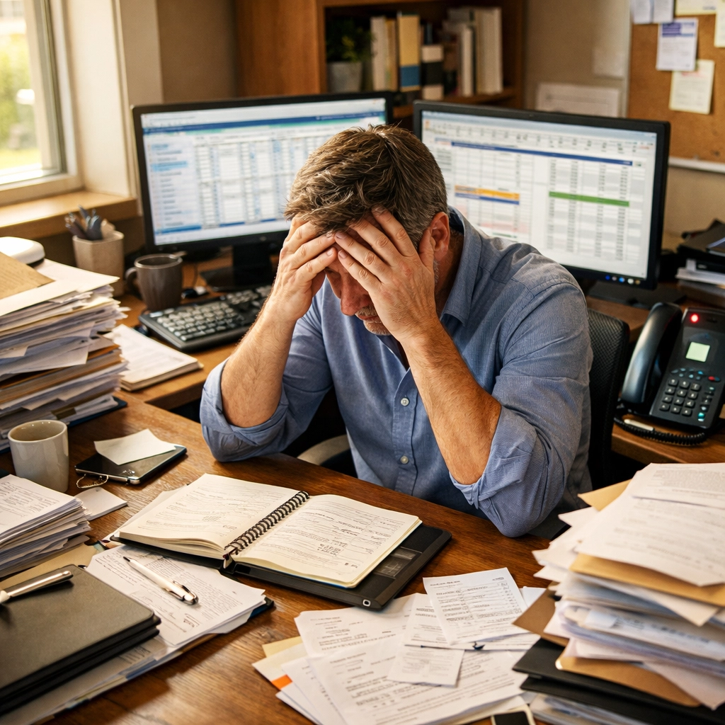 Overwhelmed small business owner at cluttered desk recognizing signs to hire an operations manager Overwhelmed small business owner at cluttered desk recognizing signs to hire an operations manager